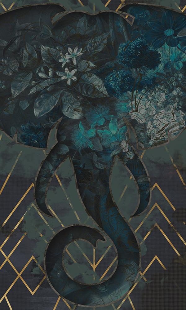 African-Inspired Blue Floral Elephant Mural M9505 - Sample