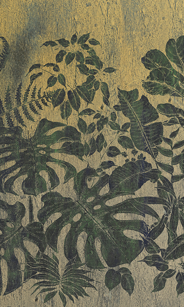 Hunter Green Jungle Leaves Printed on Faux Wood Mural Wallpaper M9508
