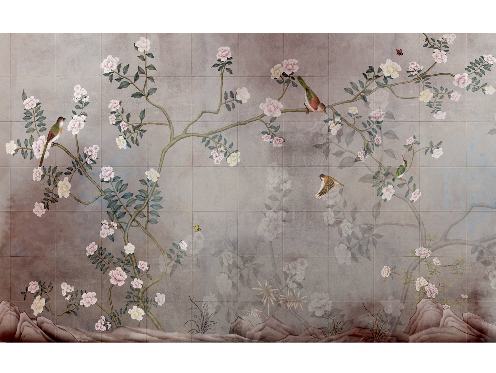Exquisite Neutral Tile Patterned Mural Wallpaper with Delicate Blooms Design M1466