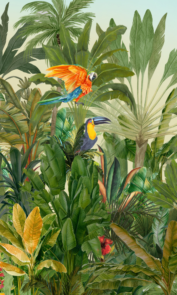 Exquisite Green Tropical Birds Wallpaper Mural for Summer Ambiance M9990
