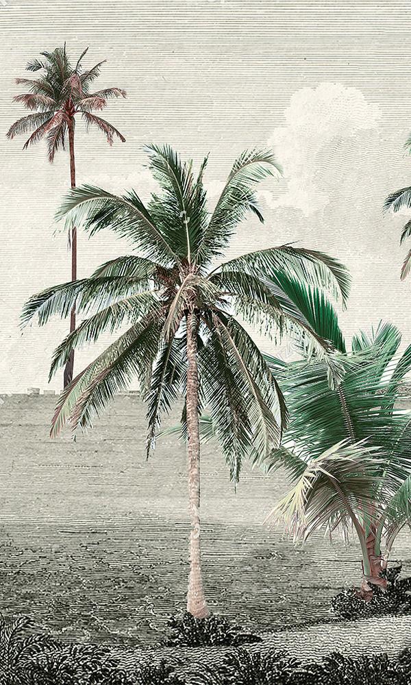 Retro Tropical Landscape Engraved Illustration Mural Wallpaper M9591 - Sample for Interior Decoration