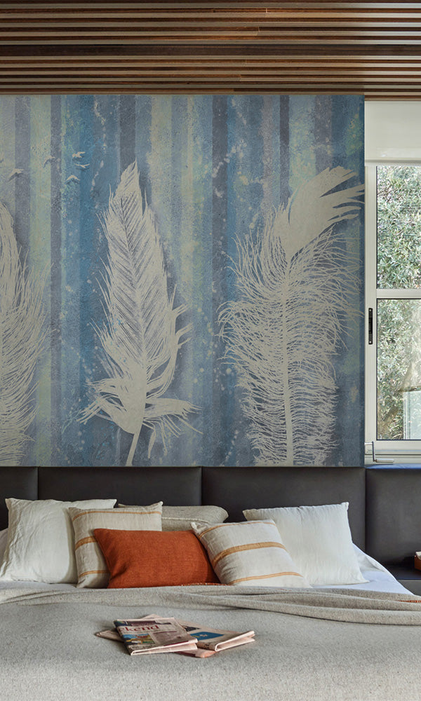 M9939 Blue Feather Dream Relaxing Bedroom Wallpaper