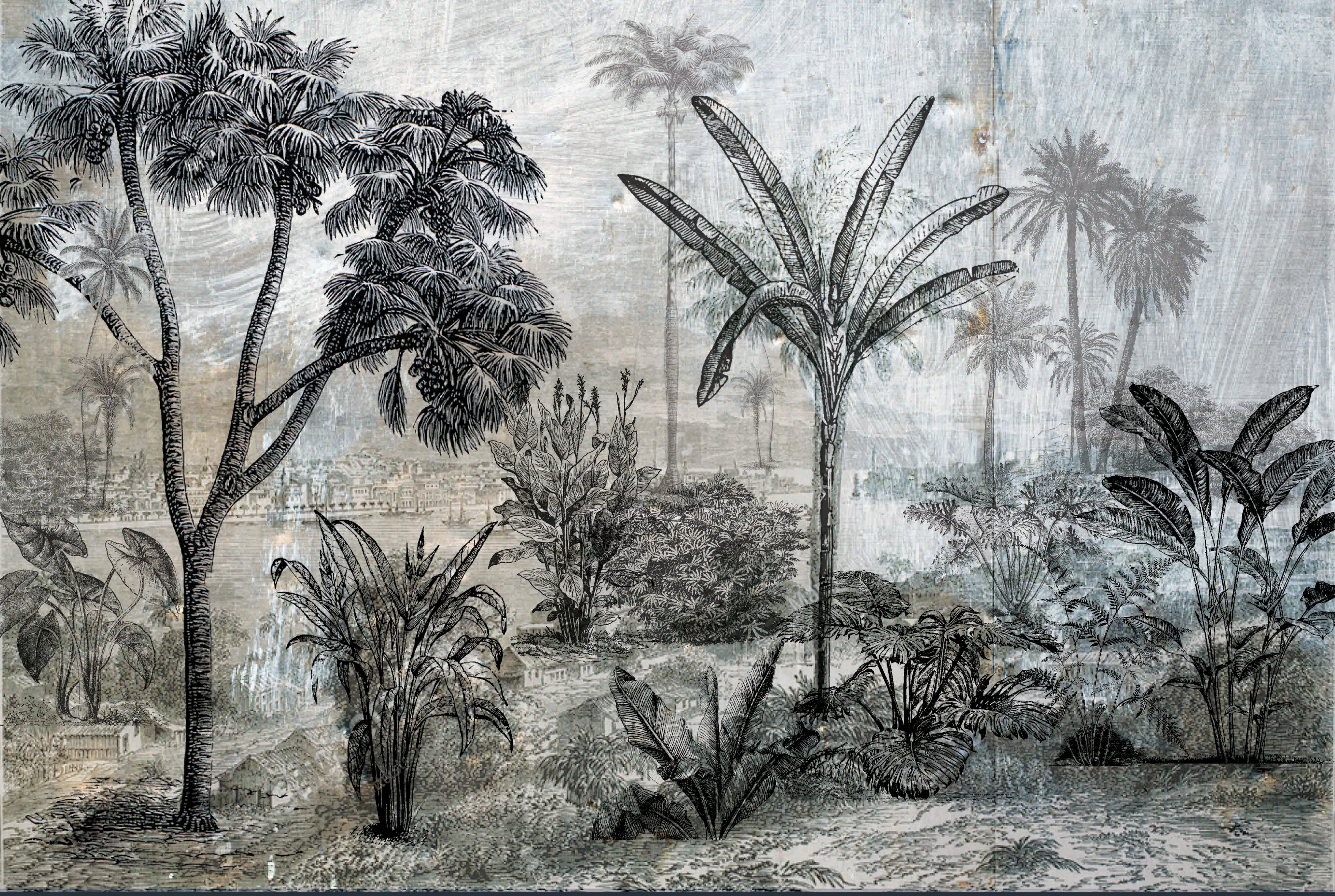 Vintage Inked Tropical Landscape Digital Print - Sample M9604