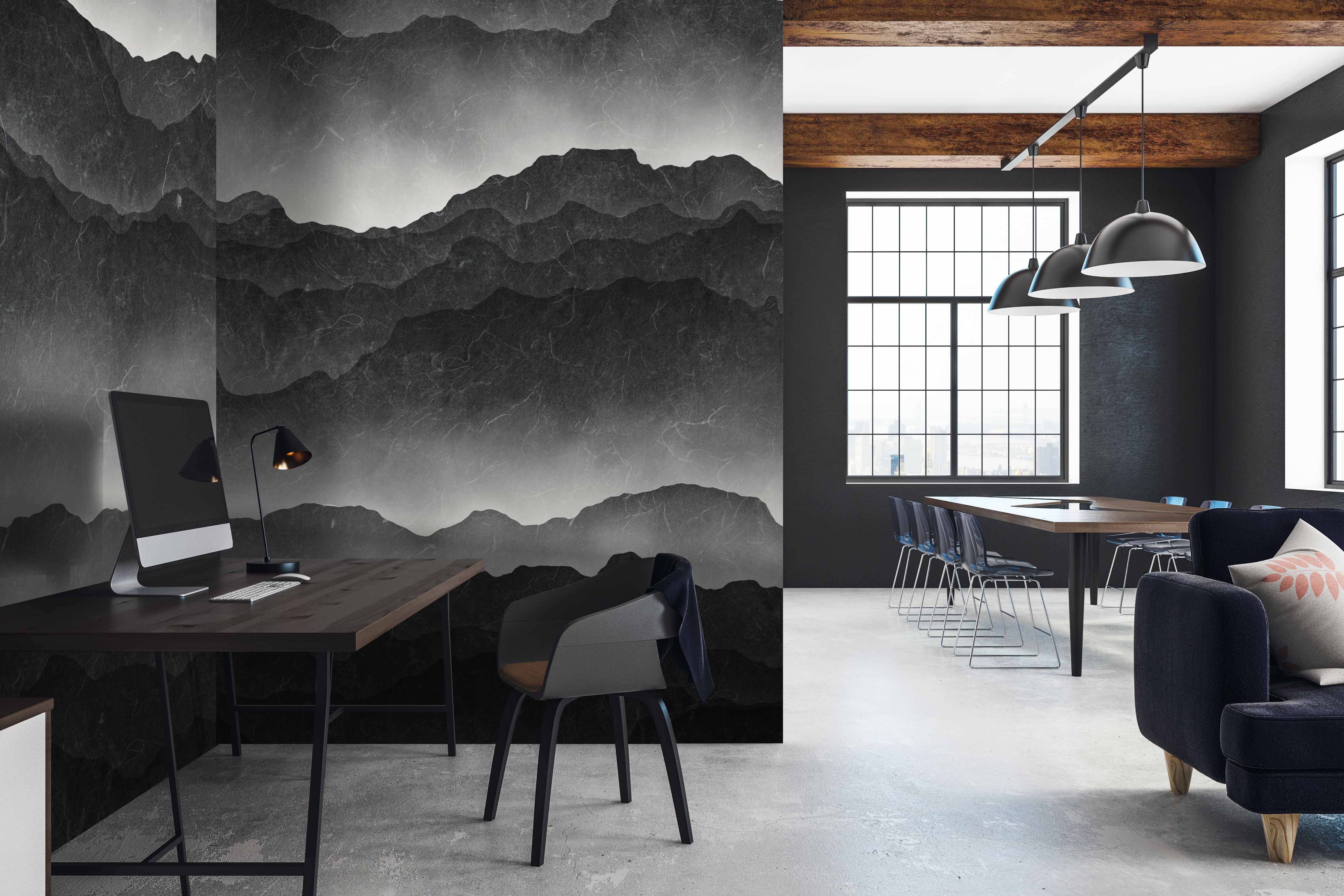 Stunning Black, White and Gray Fading Mountain Scenery Mural Wallpaper - M1385