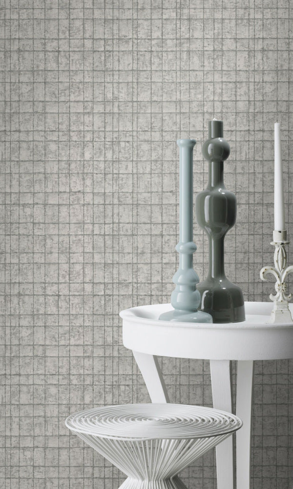 Stylish Grey Weathered Geometric Grid Wallpaper R6543