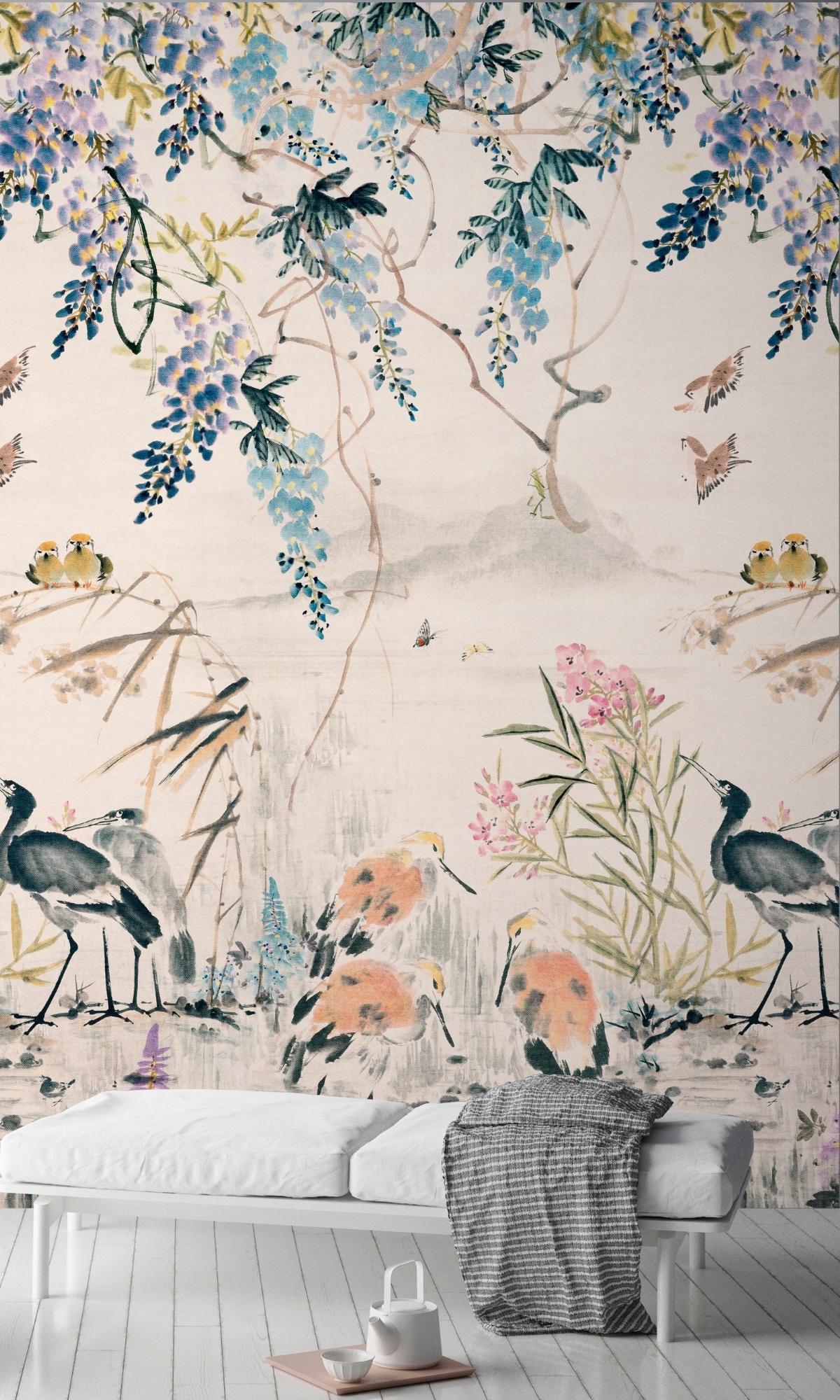 Multicolored Hand - painted Tropical Japanese Scene Digital Wallpaper for Interior Decoration RM2027