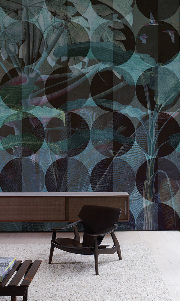 Blue Circular Geometric Nature Themed Mural M9463