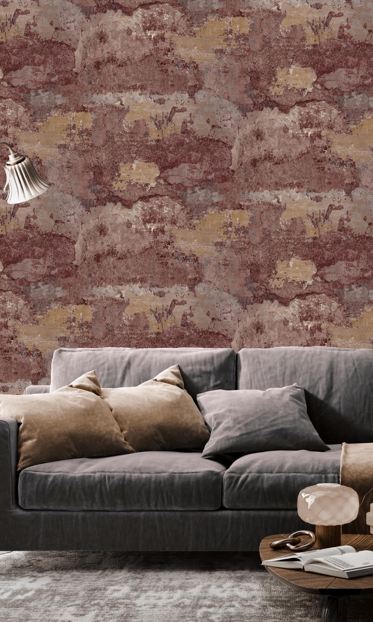 Stylish Burgundy Distressed Wallpaper with Faux Concrete Effect R7571