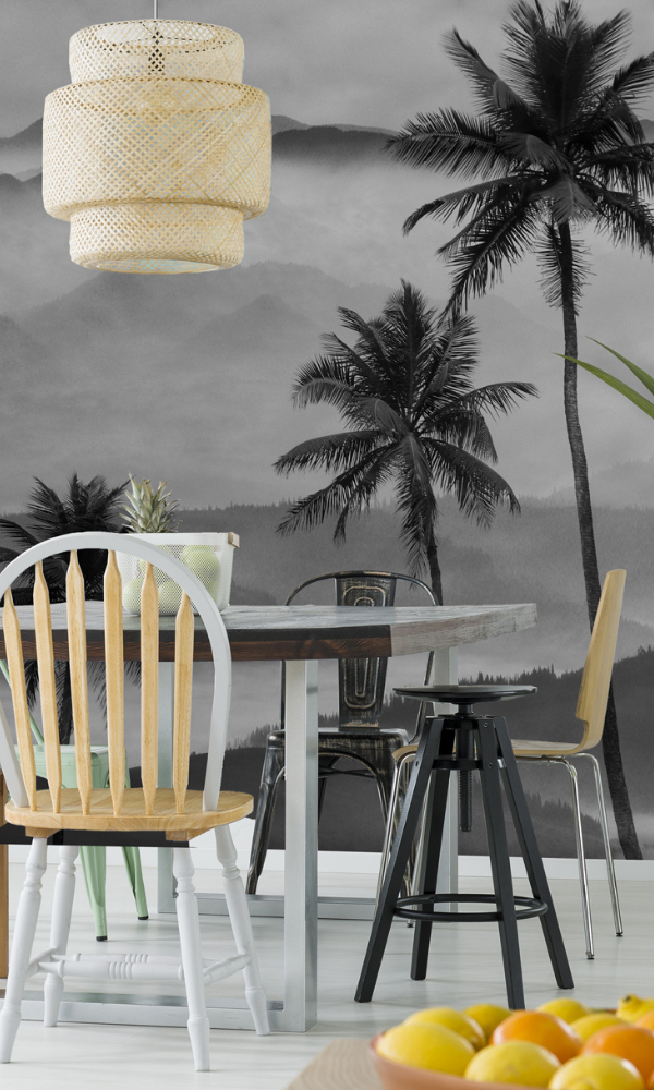 Elegant Black and White Mountain Coconut Trees Wallpaper Mural M9979