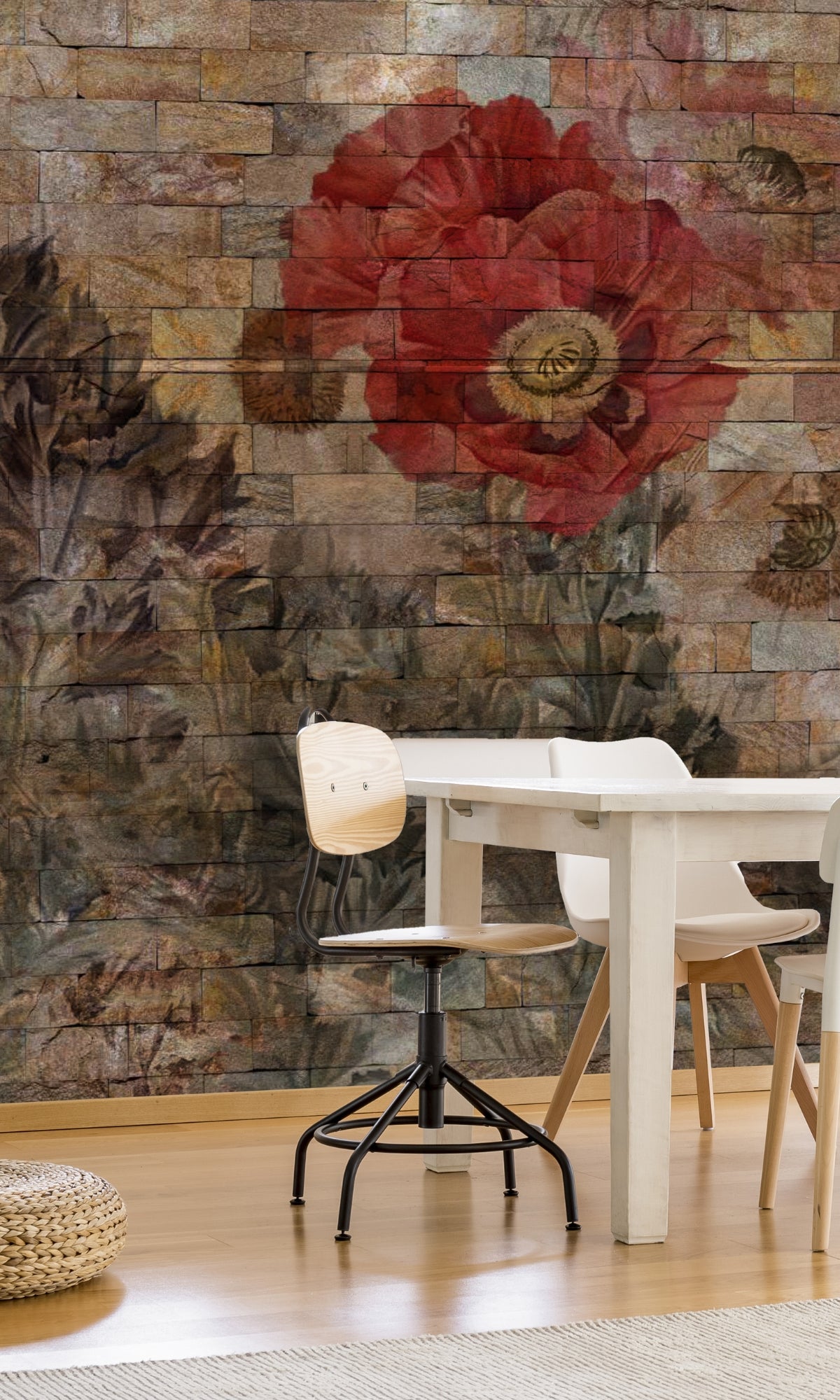 Exquisite Neutral Floral and Bricks Design Mural Wallpaper M1281