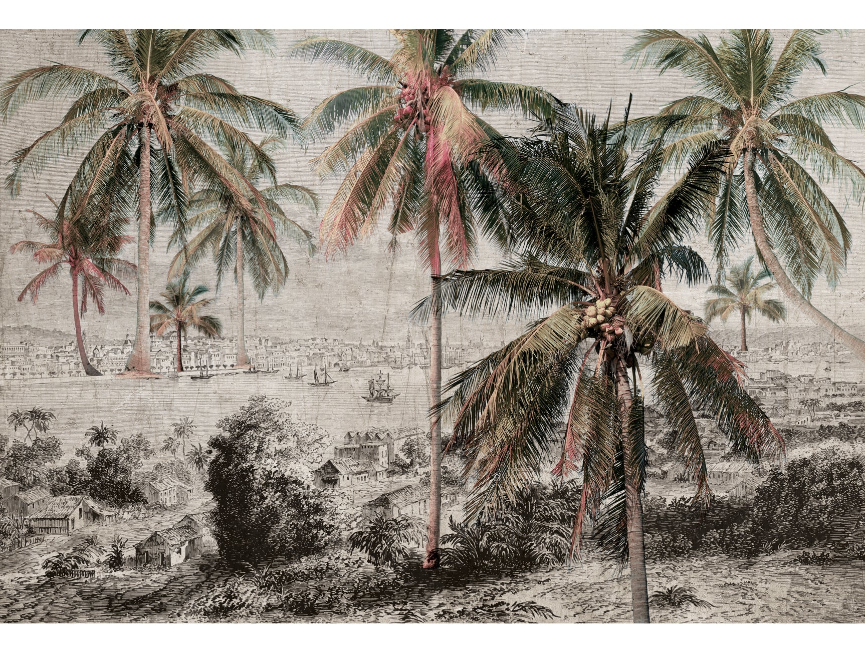 Black and White Coastal Port City Palm Trees Mural Wallpaper Design M1178 for Interior Decoration