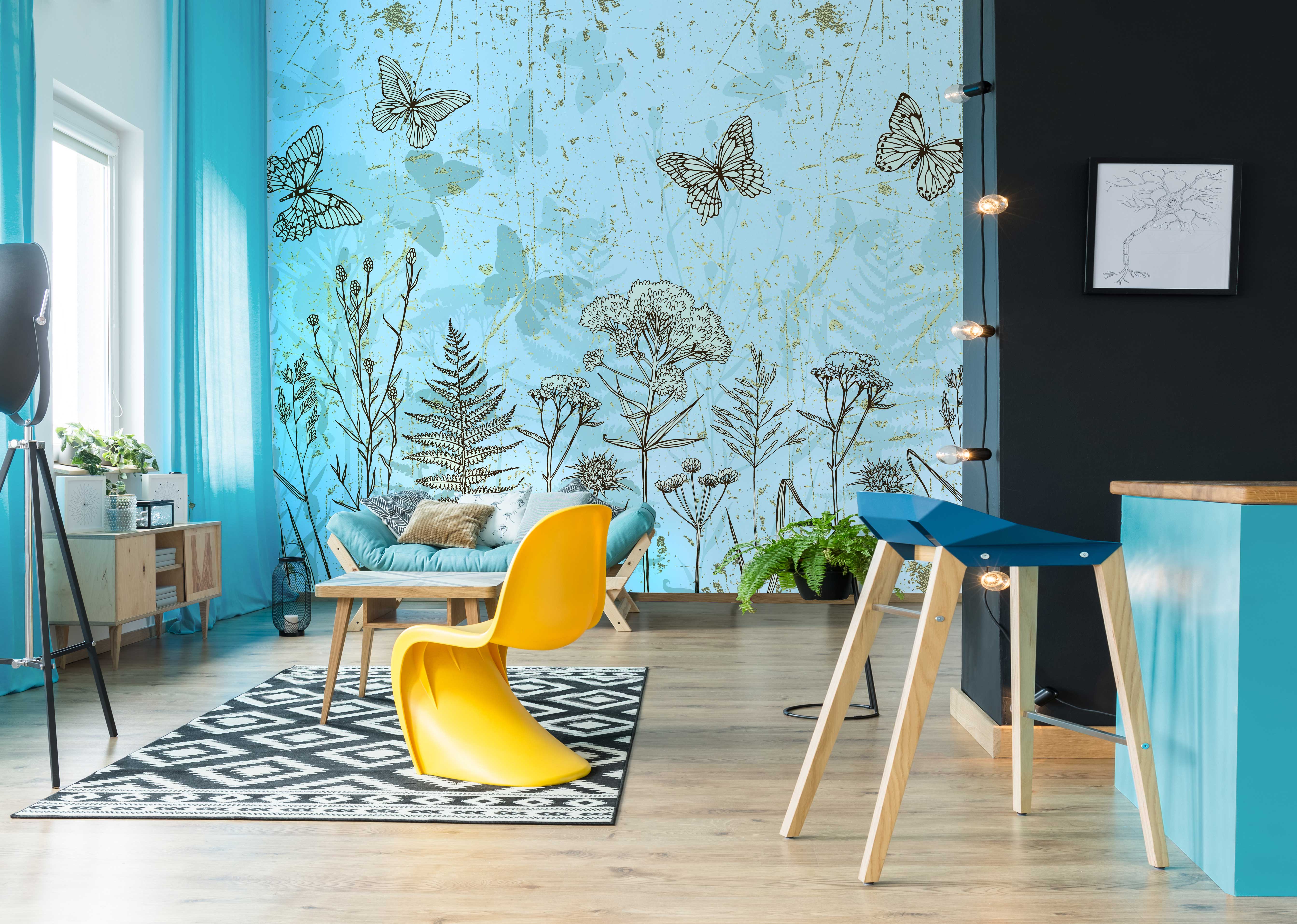 High - Quality Blue Mural Wallpaper with Lifelike Plants and Butterflies M1427