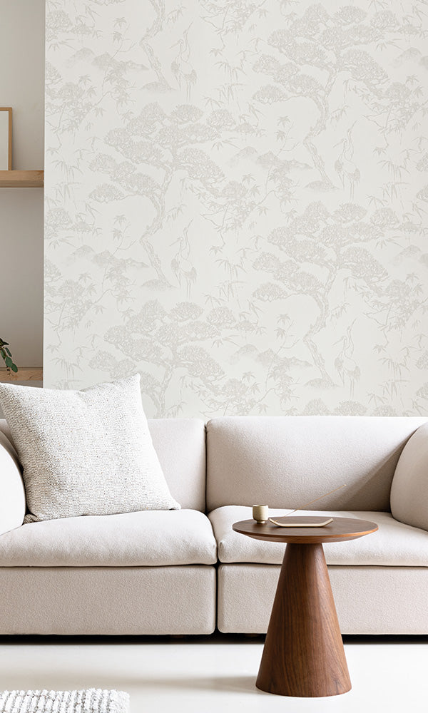 Stylish Off-White Asian-Inspired Zen Scenery Bedroom Wallpaper R6422
