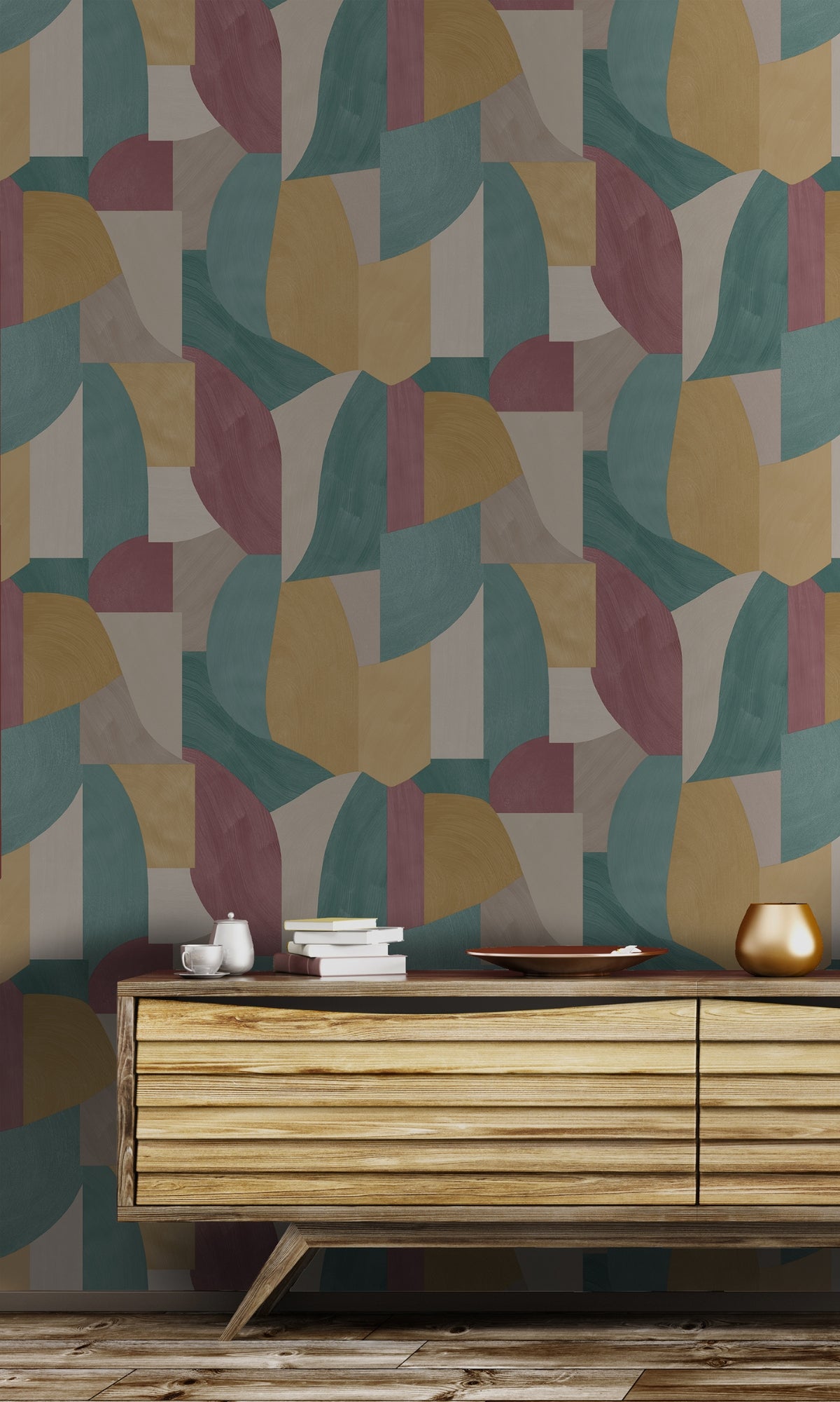 Stylish Ochre Brush Stroke Overlapping Geometric Shapes Decorative Wallpaper R8268