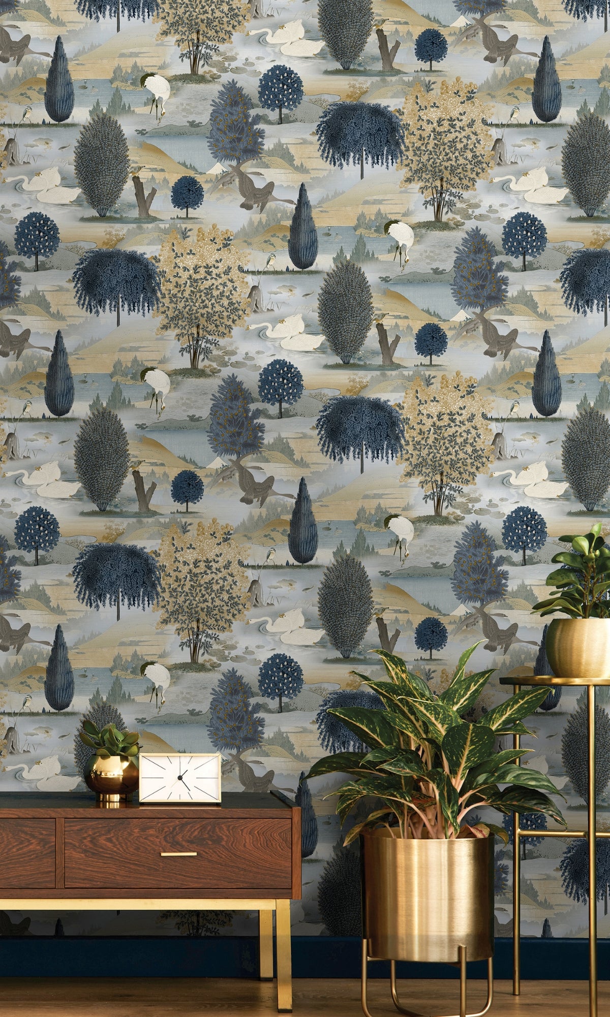 Navy Ochre Colored Blissful Lake Landscape Nature Decorative Wallpaper R8278