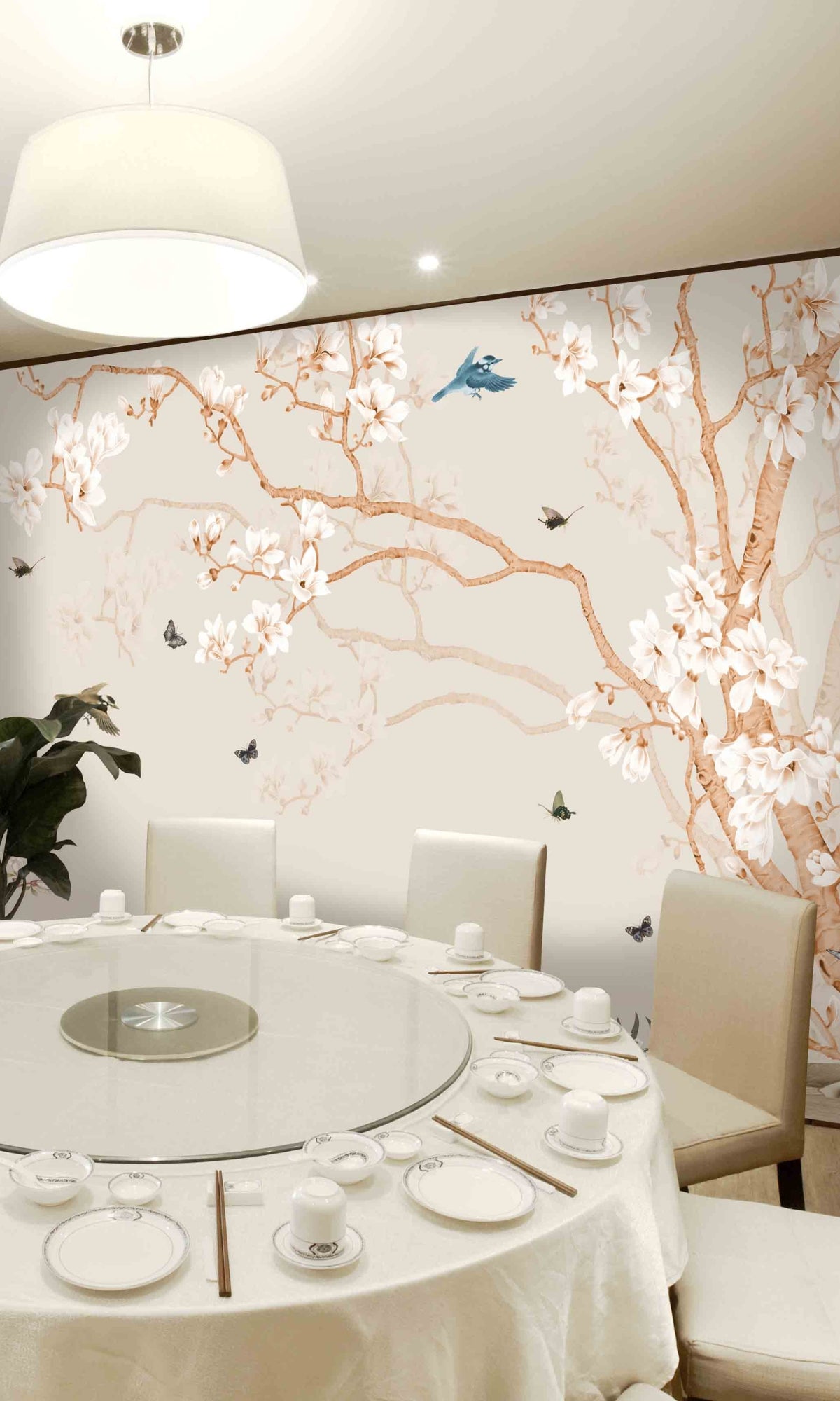 Neutral and Stylish Flowering Tree Mural Wallpaper for Modern Home Decor - M1422