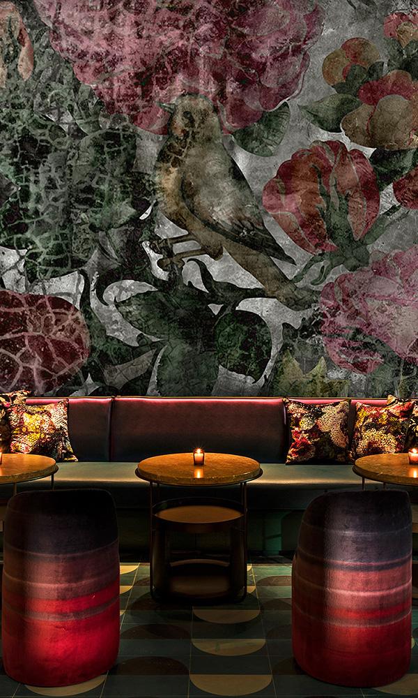 Sample of Weathered Floral Wallpaper Mural M9595 with Concrete Background