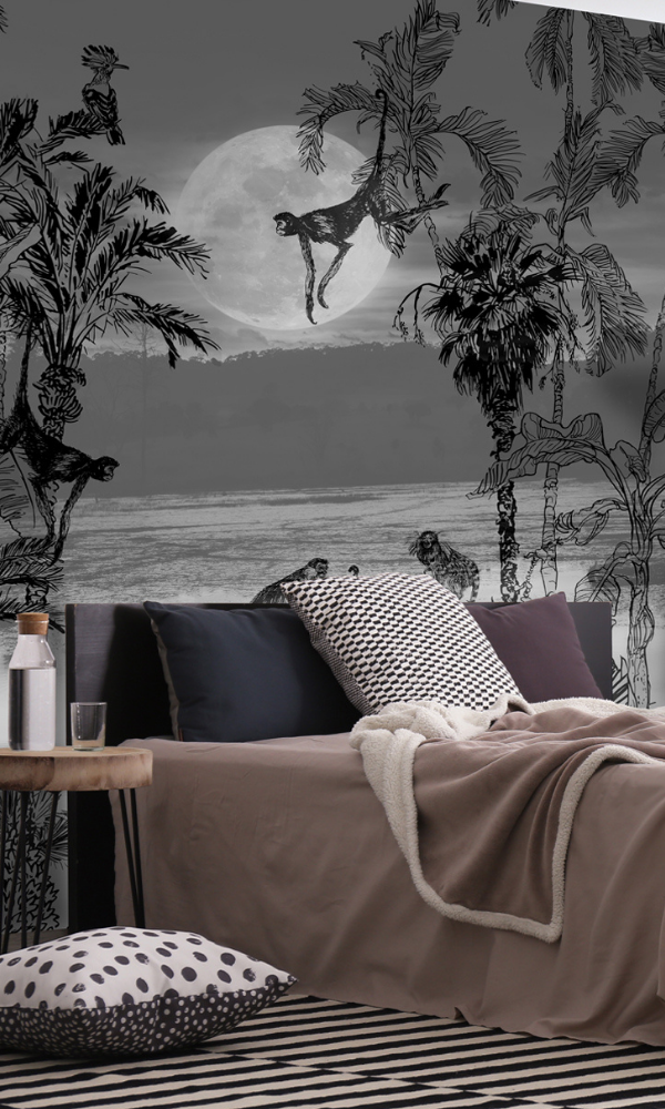 Stunning Black & White Nighttime Climbing Monkeys Wallpaper Mural M9981