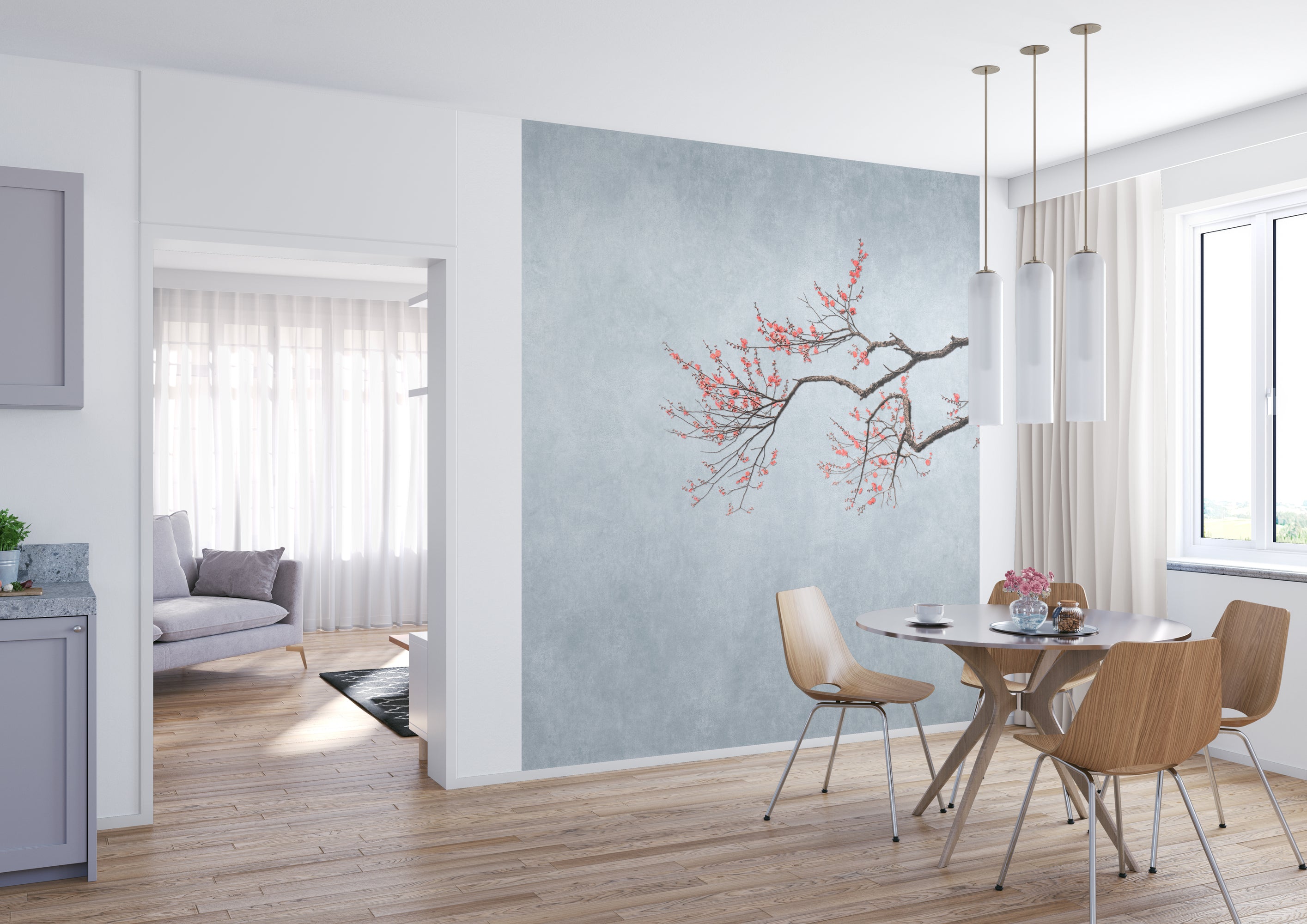 Exquisite Grey Hand - Painted Cherry Blossom Floral Wallpaper RM2092