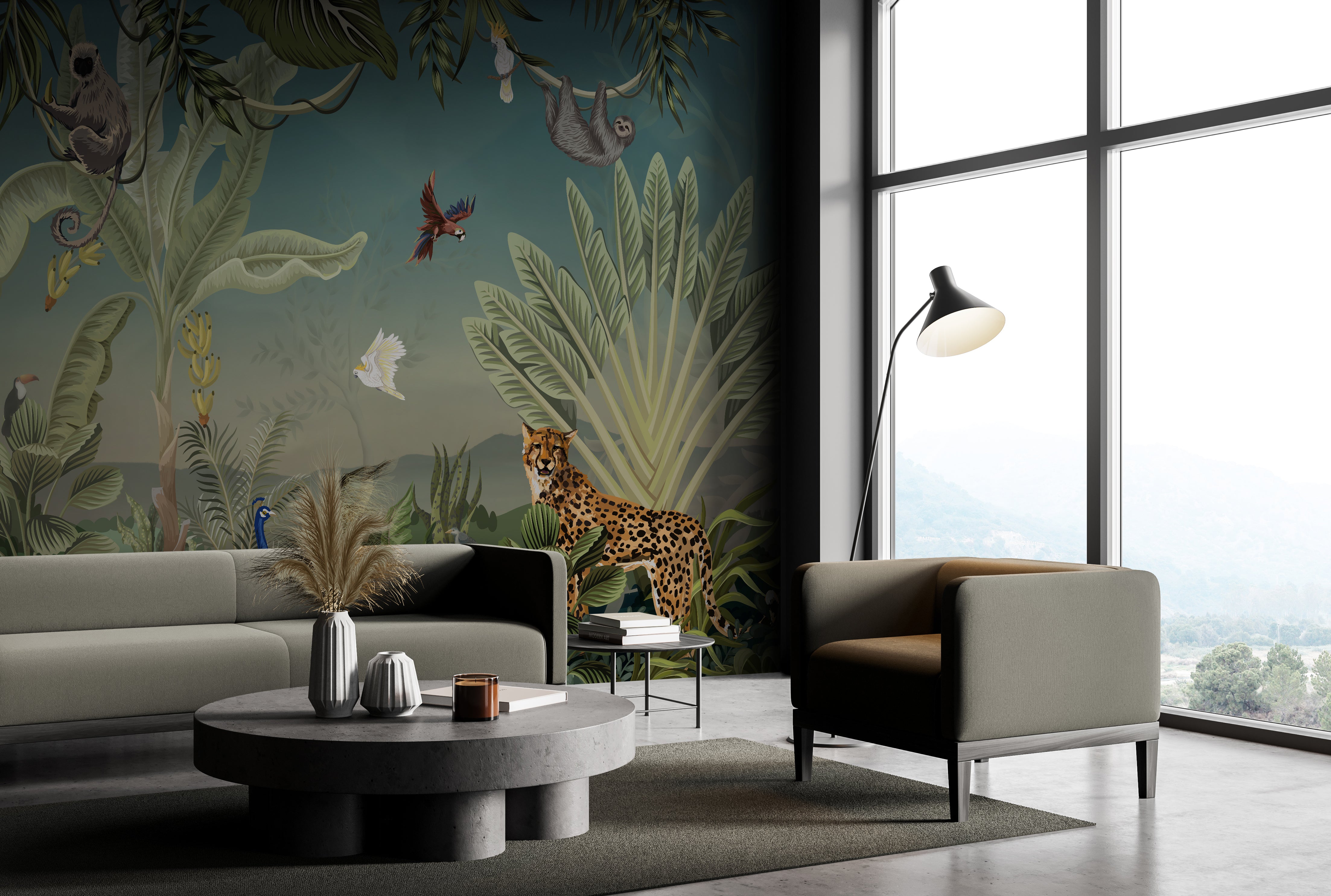 Exquisite Jungle - Inspired Panoramic View Wallpaper Mural M9993 for Interior Decoration
