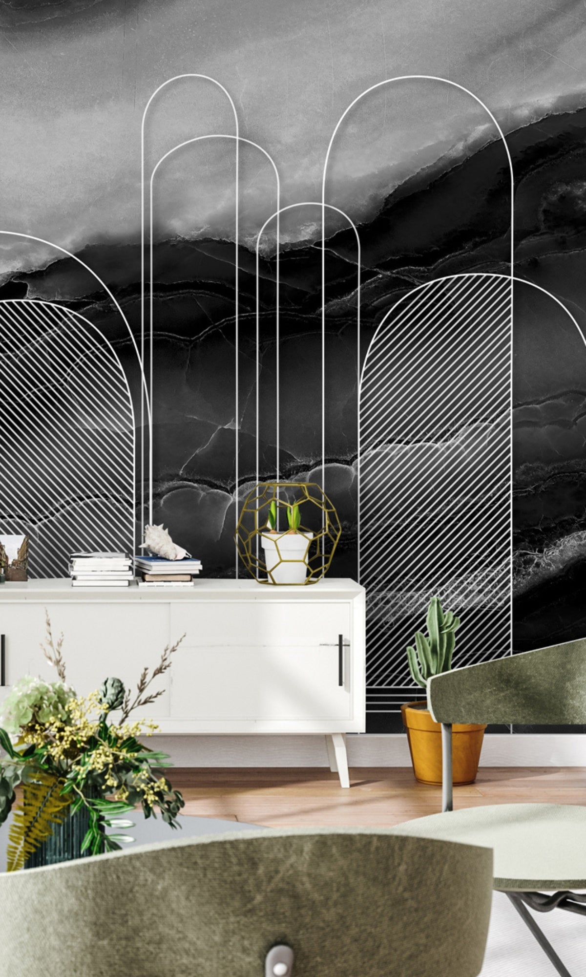 Durable Black and White Abstract Muqarnas Marble Mural Wallpaper M1335
