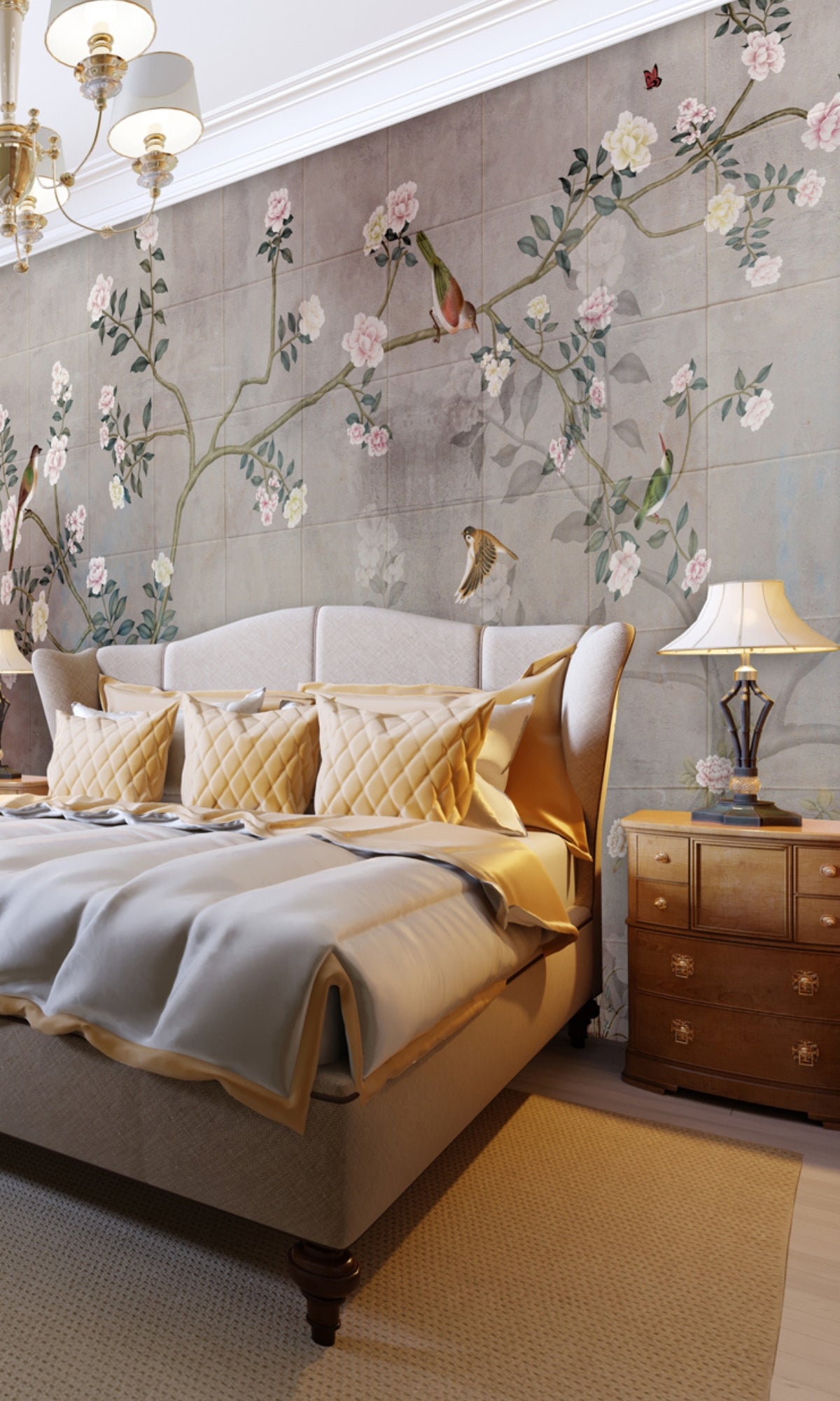 Exquisite Neutral Tile Patterned Mural Wallpaper with Delicate Blooms Design M1466