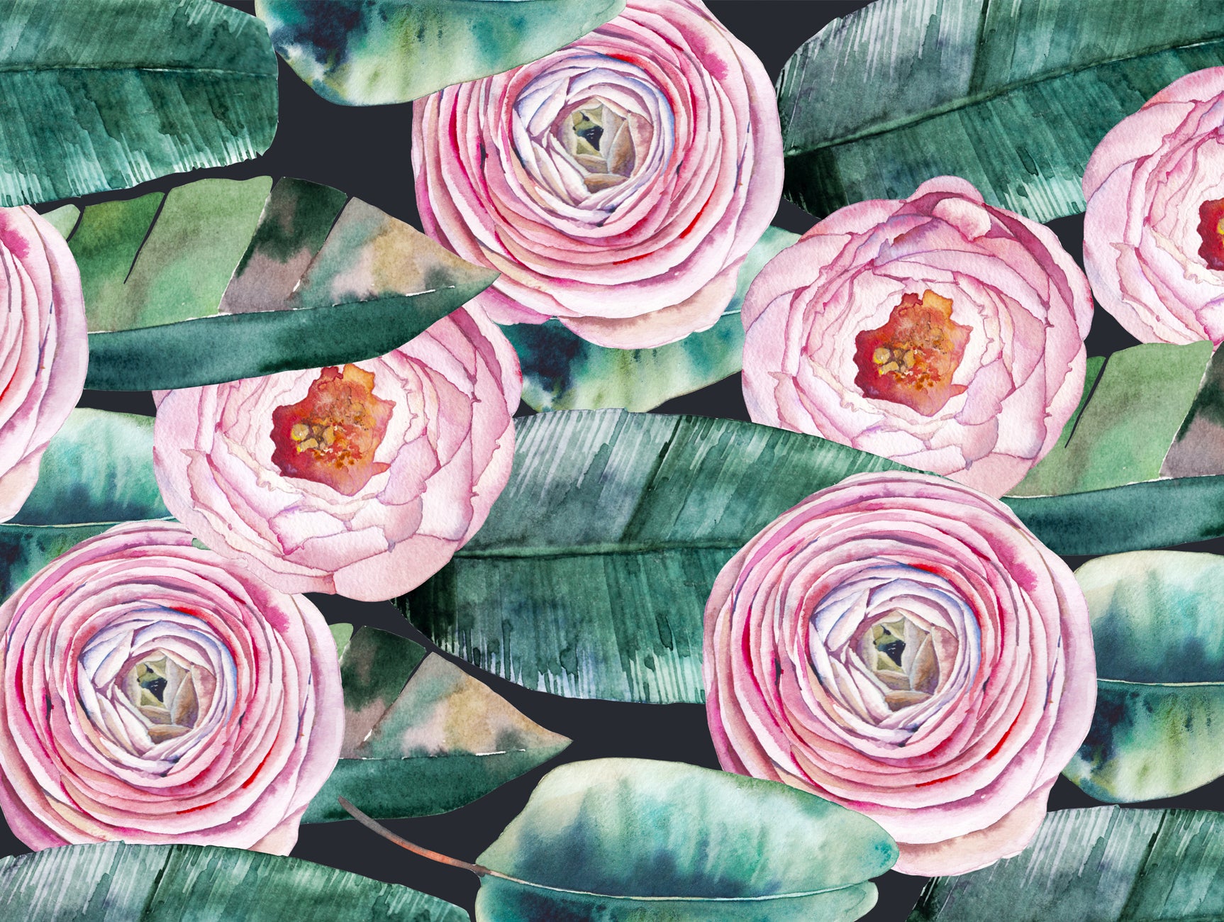 Exquisite Soft Green and Pink Watercolour Rose Mural Wallpaper M1194