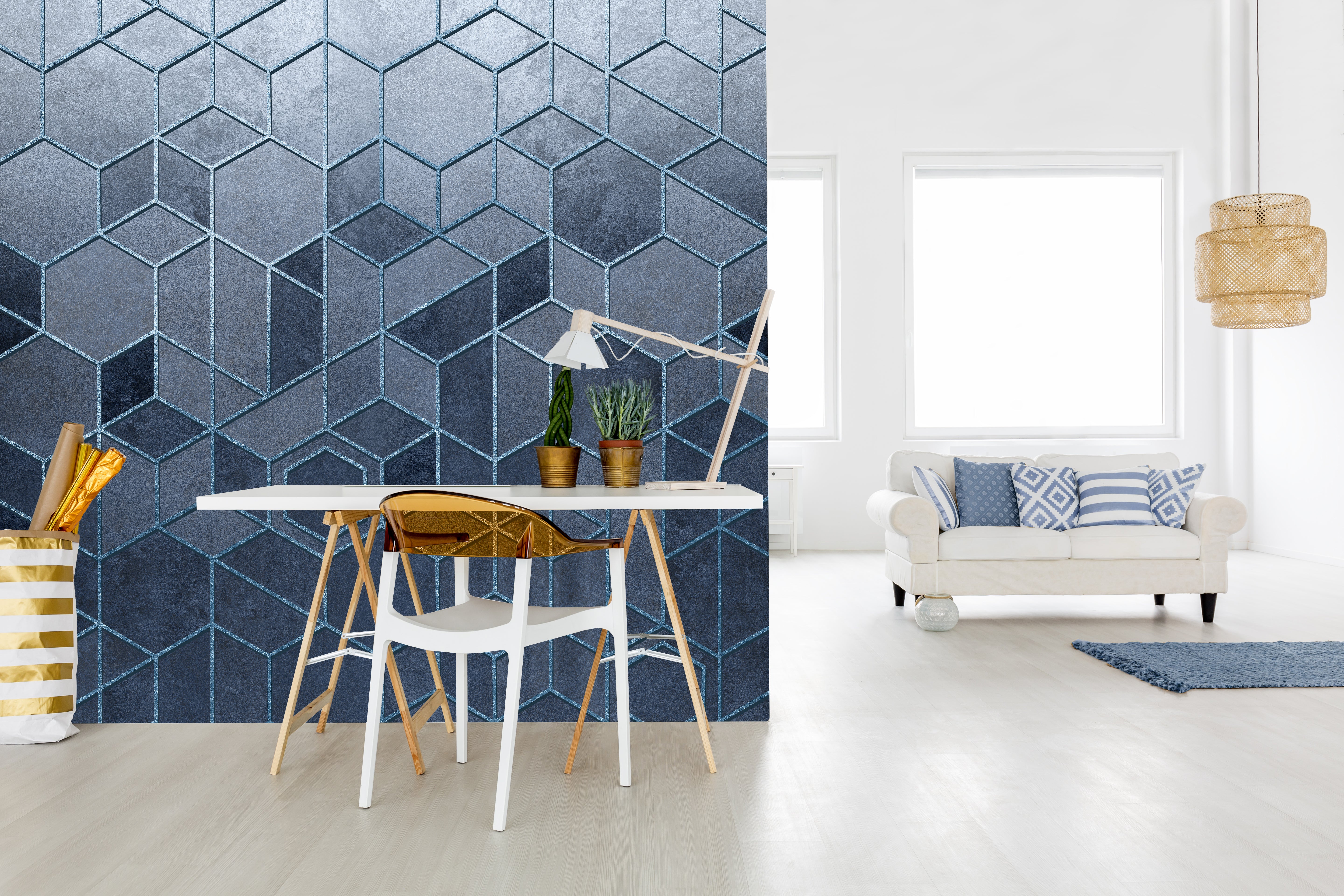 Stunning Blue Hexagonal Geometric Abstract Mural Wallpaper M1307 for Home and Office Decor