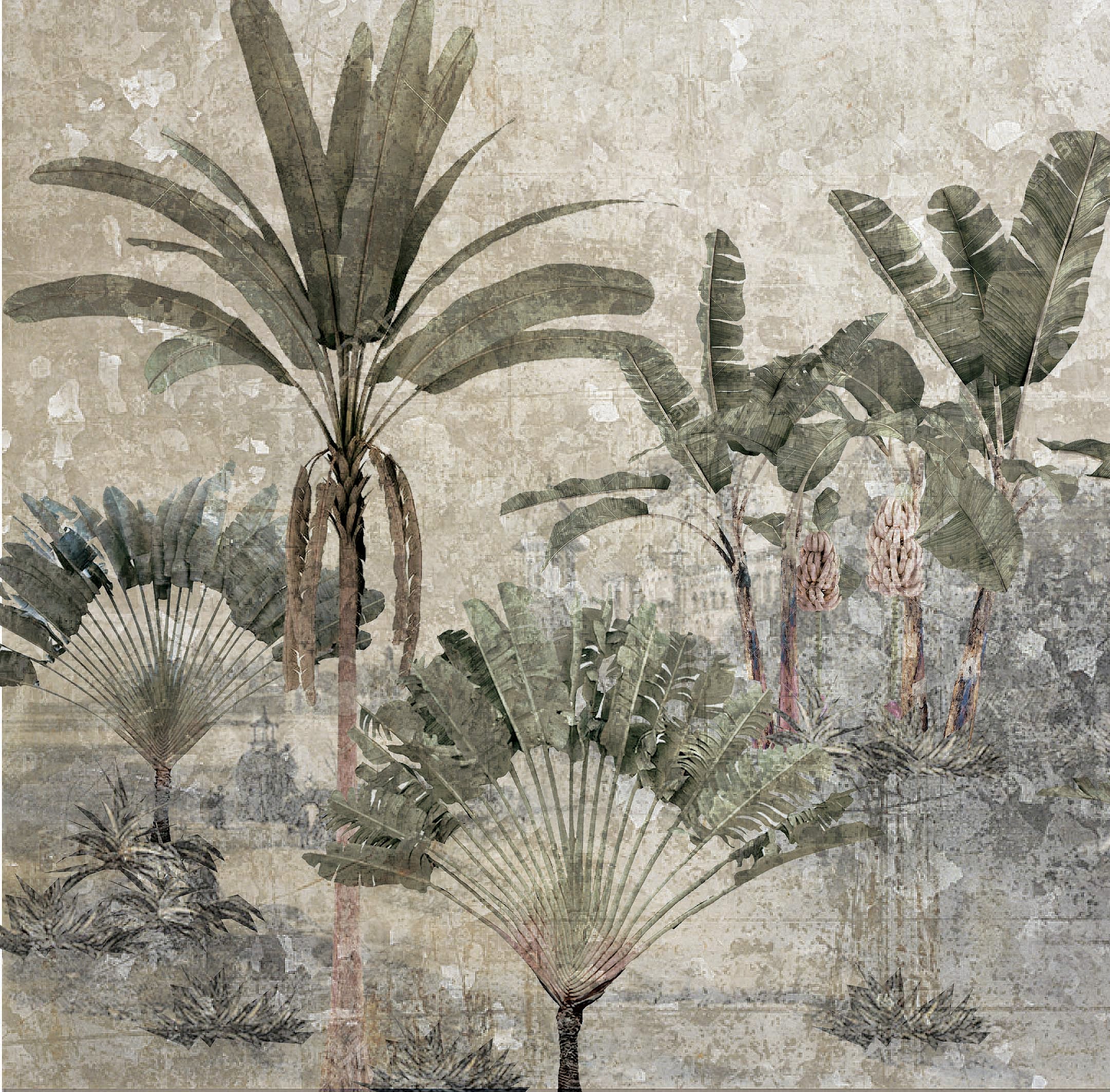 Vintage Weathered Tropical Landscape Digital Mural Wallpaper M9613
