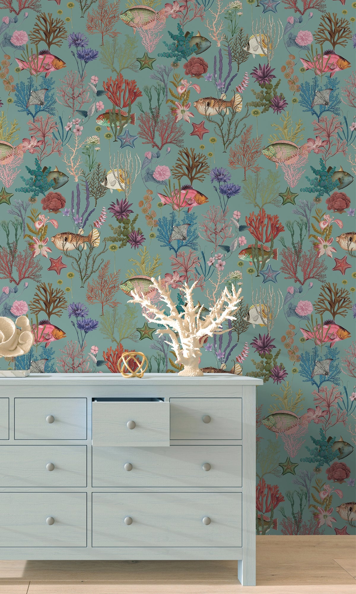 Soft Underwater Ocean Scene with Fishes and Colorful Corals Decorative Wallpaper RM9014