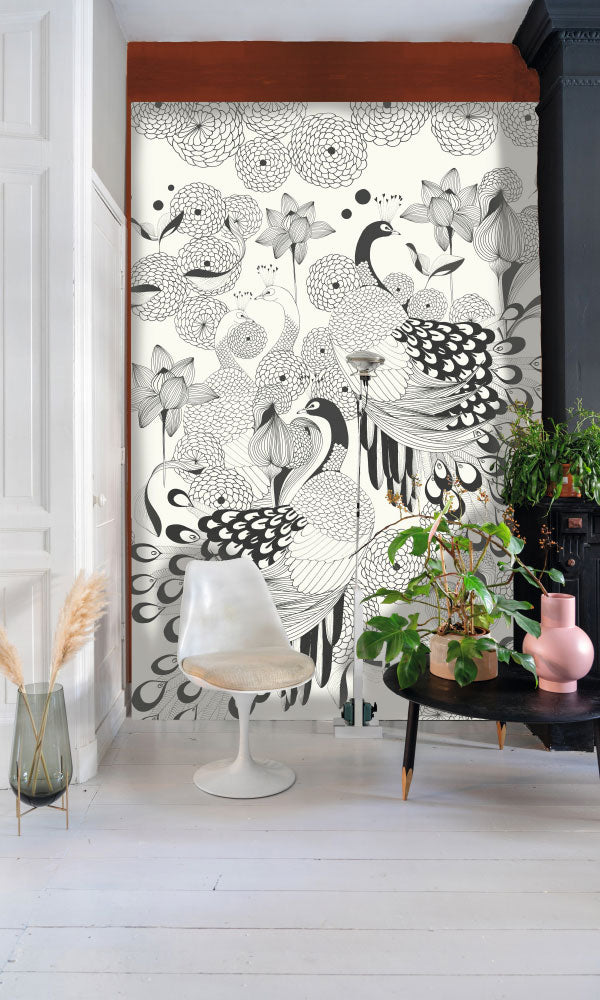 Stunning Black and White Wall Mural Wallpaper Featuring Peaceful Peacocks - M9830