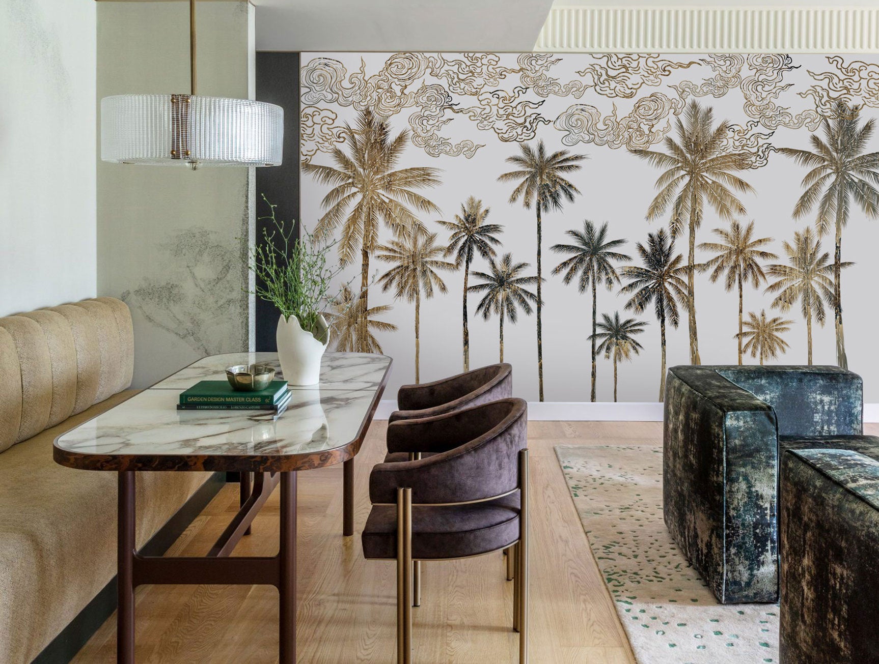 Autumn-themed Green and Orange Tropical Palm Leaves Decorative Mural Wallpaper M1266