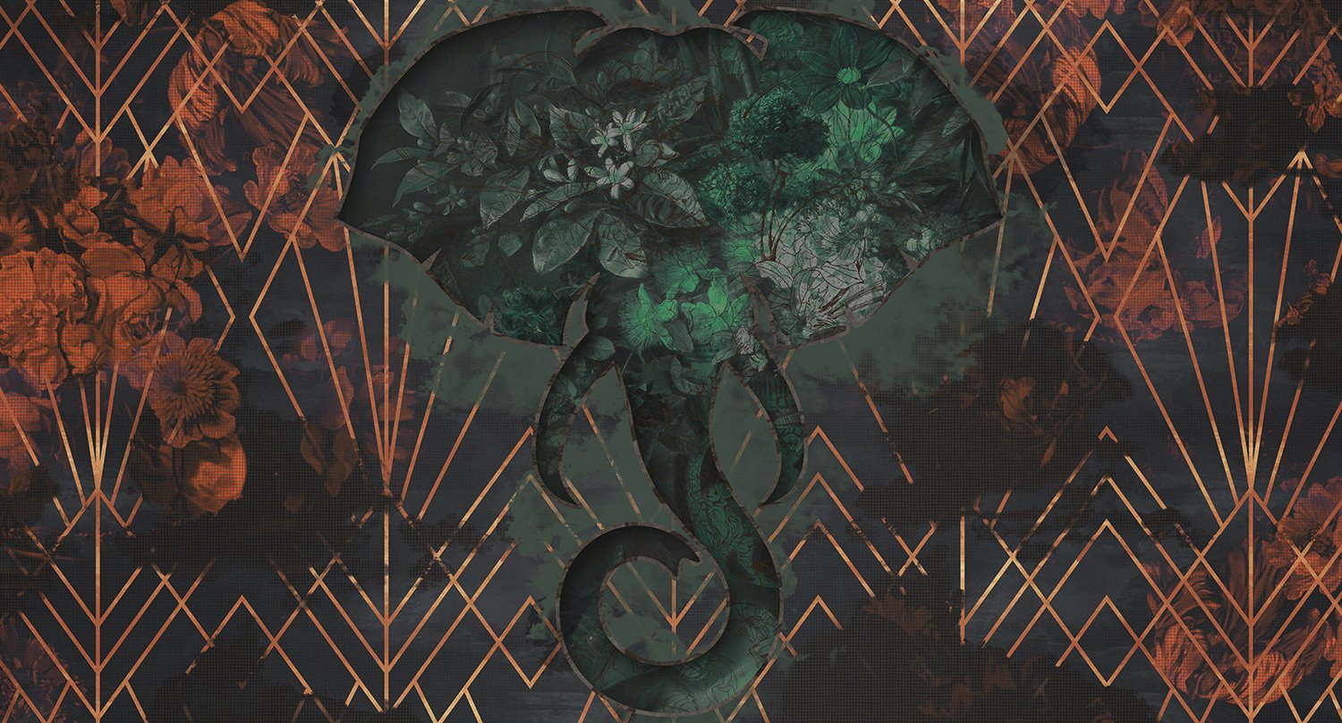 Sample of African - Inspired Green Floral Elephant Geometric Mural Wallpaper M9507