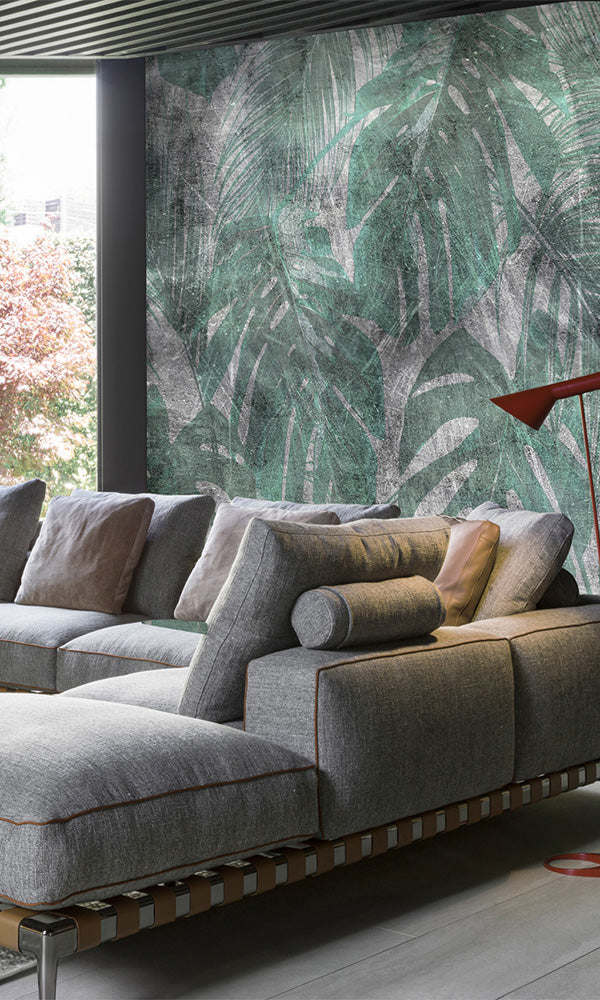 Tropical Green Botanical Wallpaper - Concrete Style II M9941