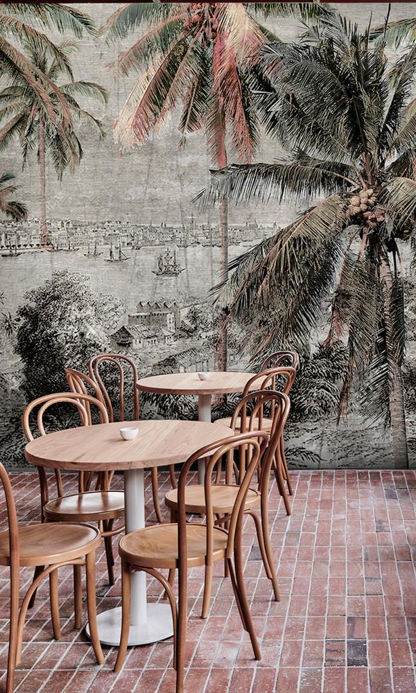 Vintage Tropical Engraved Beach Landscape Wallpaper M9612 - Sample