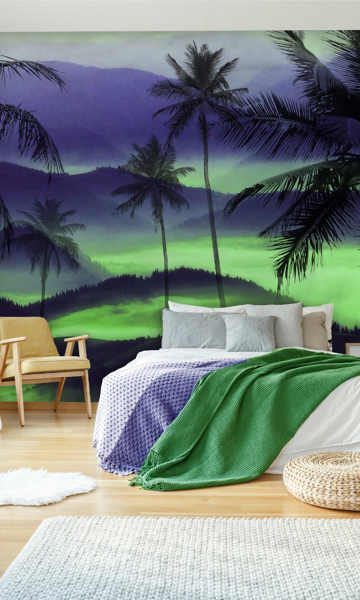 High - Quality Green and Lavender Palm Trees and Mountain Mural Wallpaper for Interior Decoration - M1269