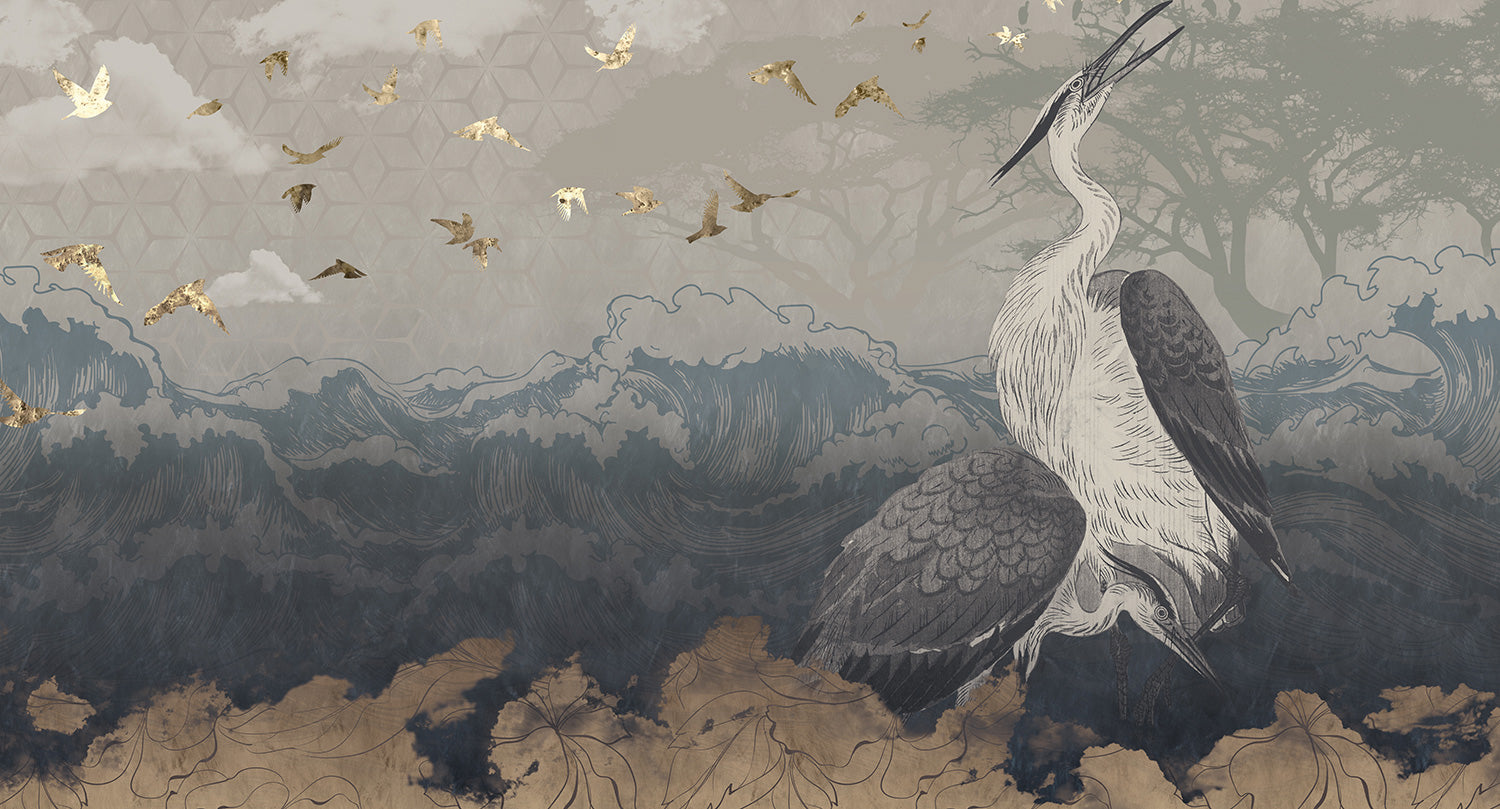 Artistic Neutral Landscape Mural Featuring Cranes M9472
