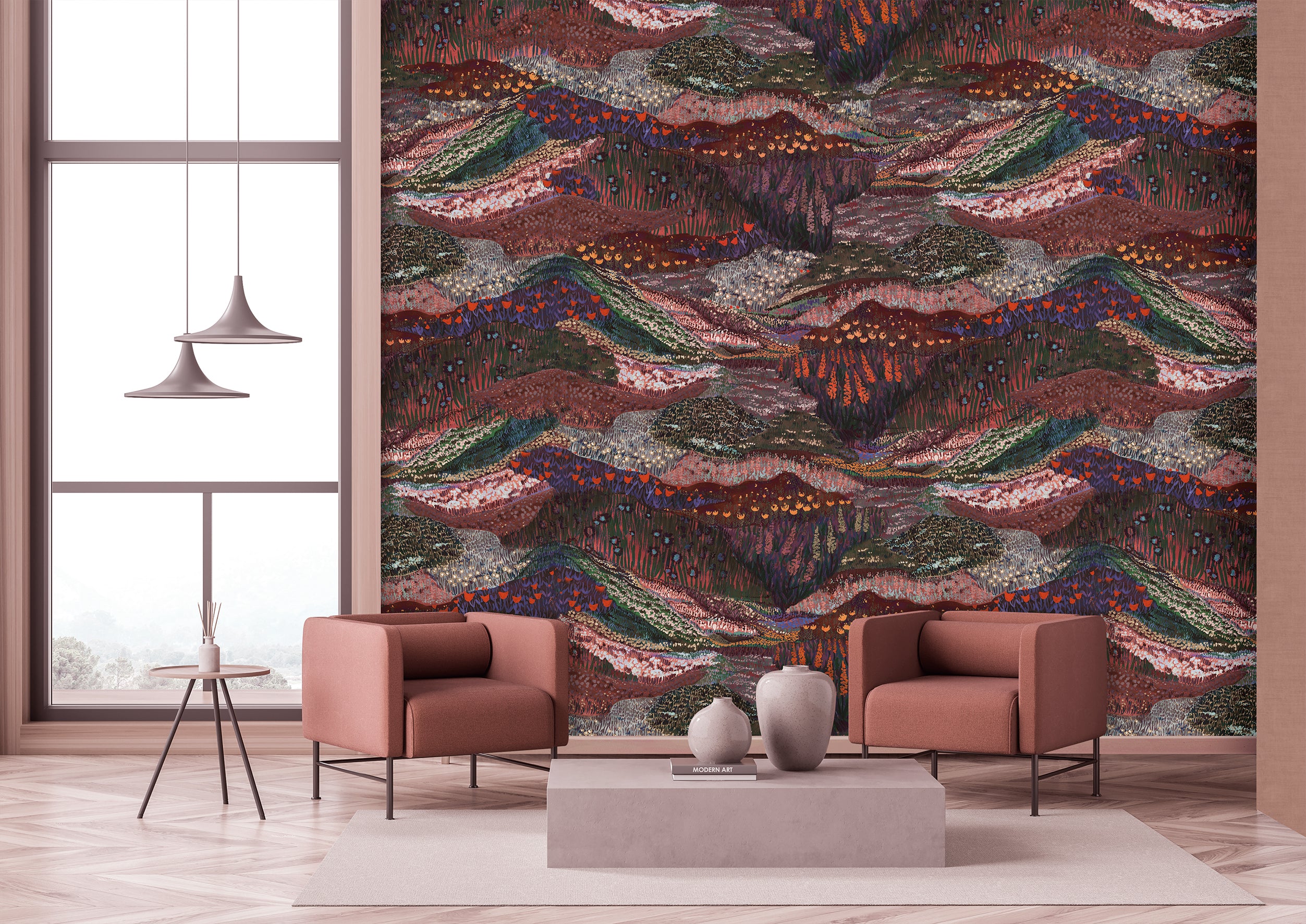 Burgundy-Colored Panoramic Valleys Decorative Wallpaper RM9028 for Home Interior
