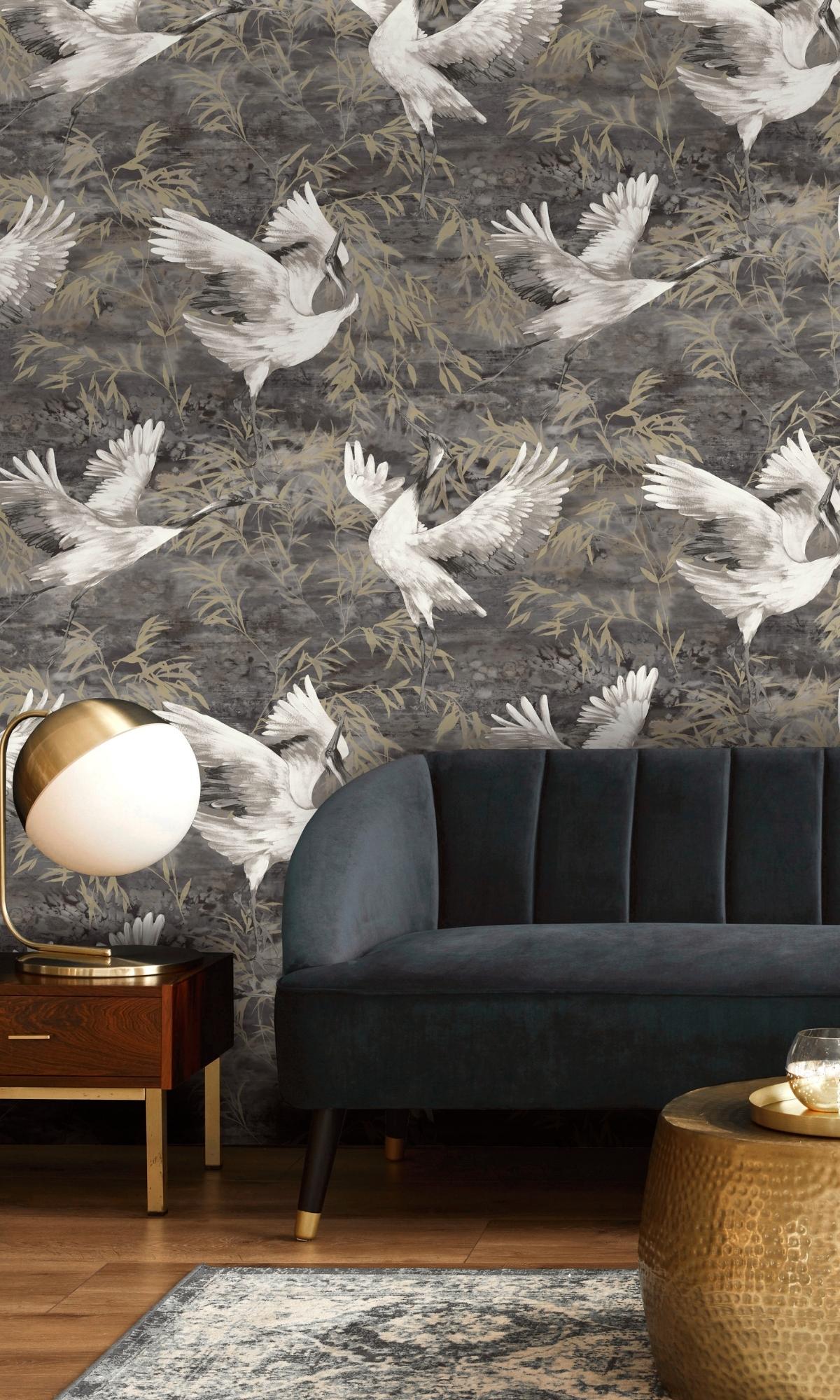 Metallic Field Wallpaper with Charcoal Sarus Crane Design R7591
