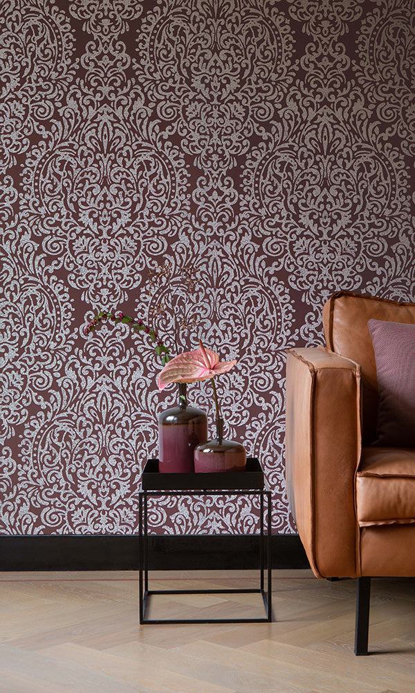 Stylish Burgundy Cracked Metallic Damask Wallpaper R6228