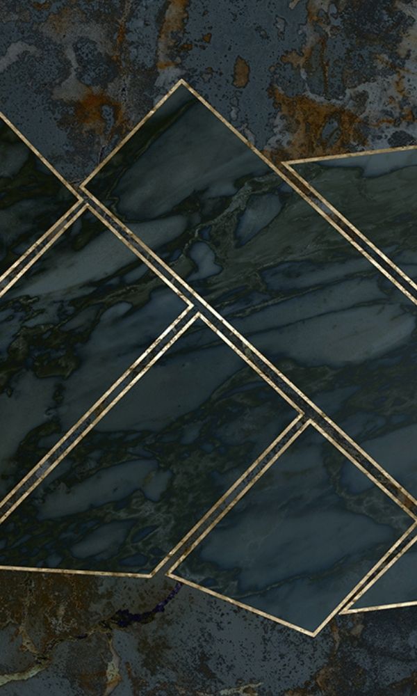 Elegant Navy Blue and Shiny Gold Metallic Geometric Marble Wallpaper Mural M1045
