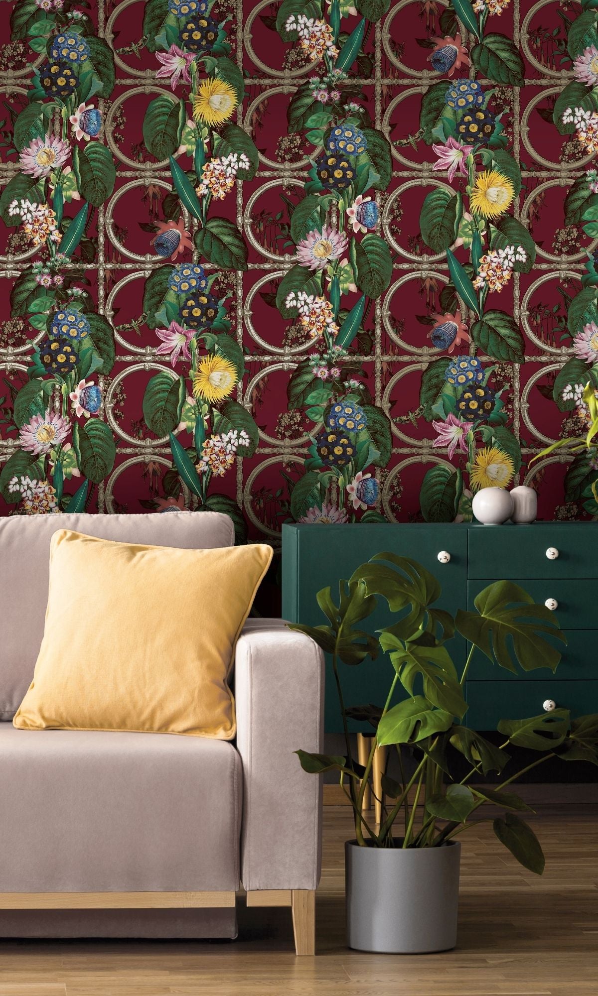Bold Burgundy Metallic Floral Wallpaper with Flowers and Leaves R7578