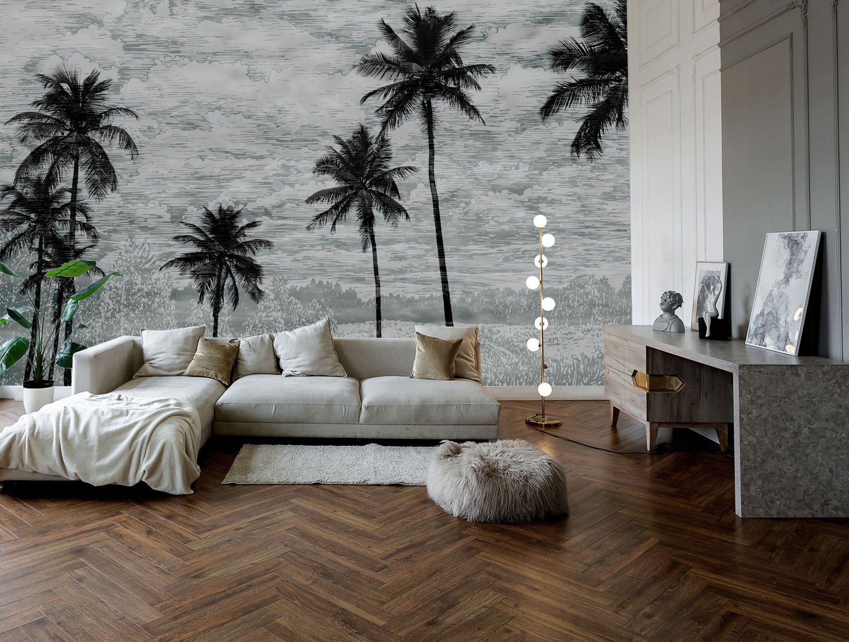 Exquisite Black and White Vertical Palm Trees Mural Wallpaper M1140 for Interior Decor