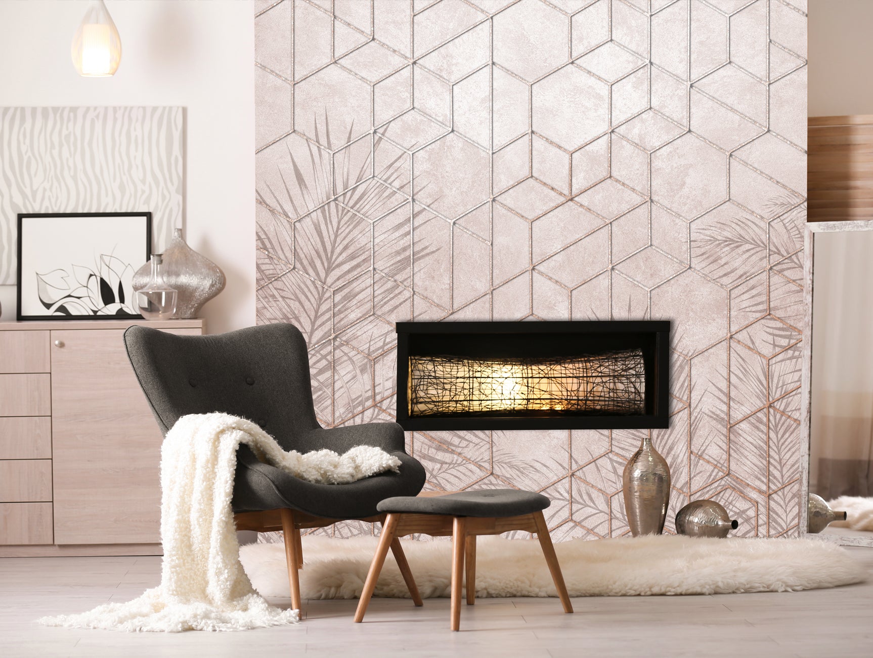 Exquisite Neutral Geometric Hexagon Abstraction with Lush Tropical Leaves Mural Wallpaper M1306 for Residential and Commercial Use