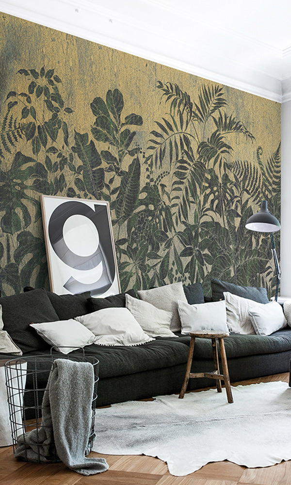 Hunter Green Jungle Leaves Printed on Faux Wood Mural Wallpaper M9508