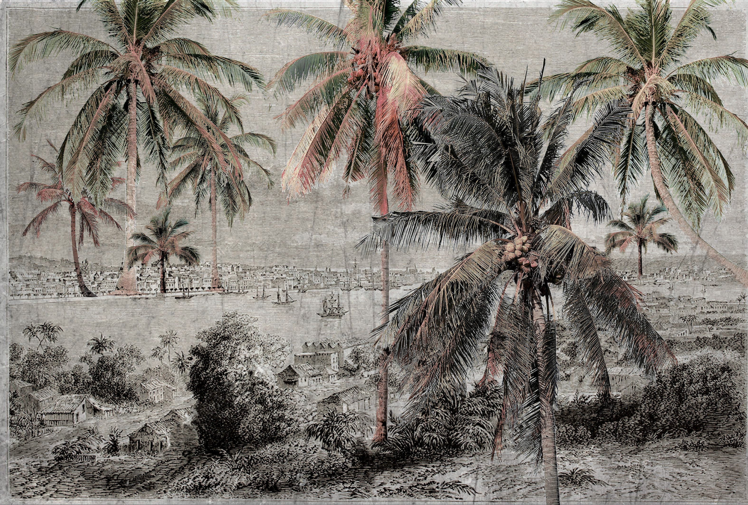Vintage Style Tropical Beach Landscape Engraved Illustration 3 Mural Wallpaper Design M9612