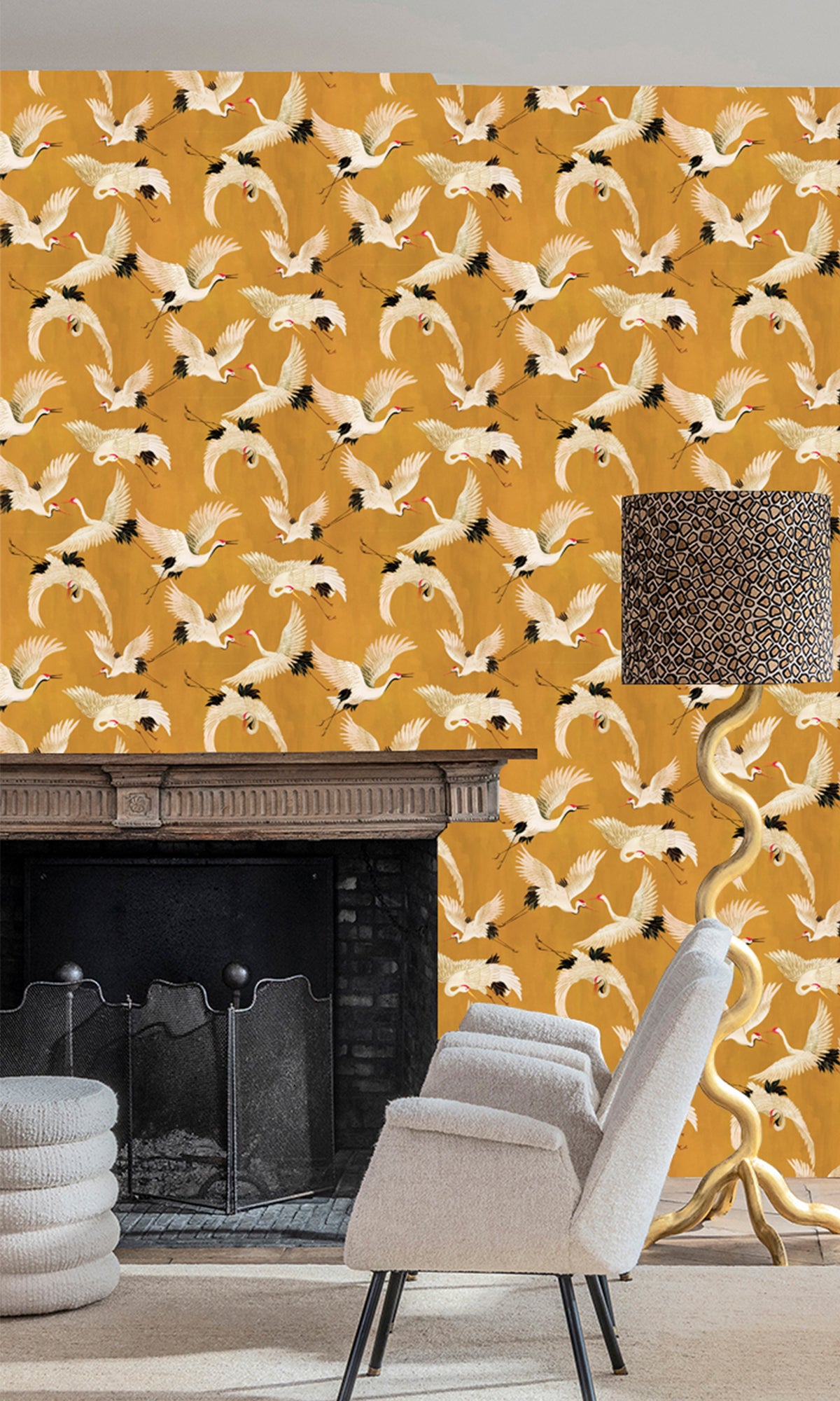 Textured Ochre Flying Cranes Wallpaper R9502 - Ideal for Home Decor