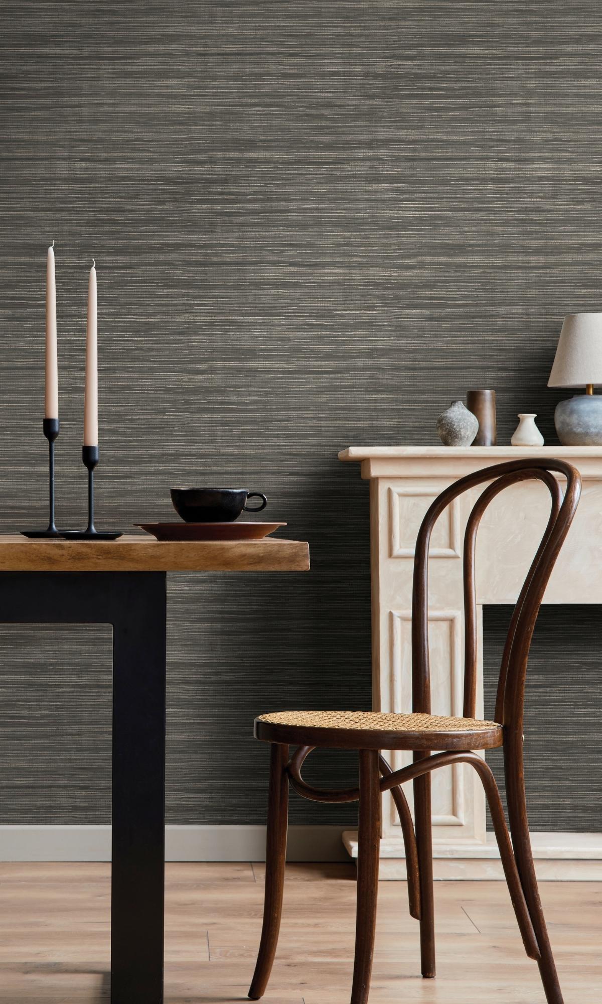 Charcoal-colored Plain Metallic Wallpaper with Grasscloth-like Texture - Style R7621