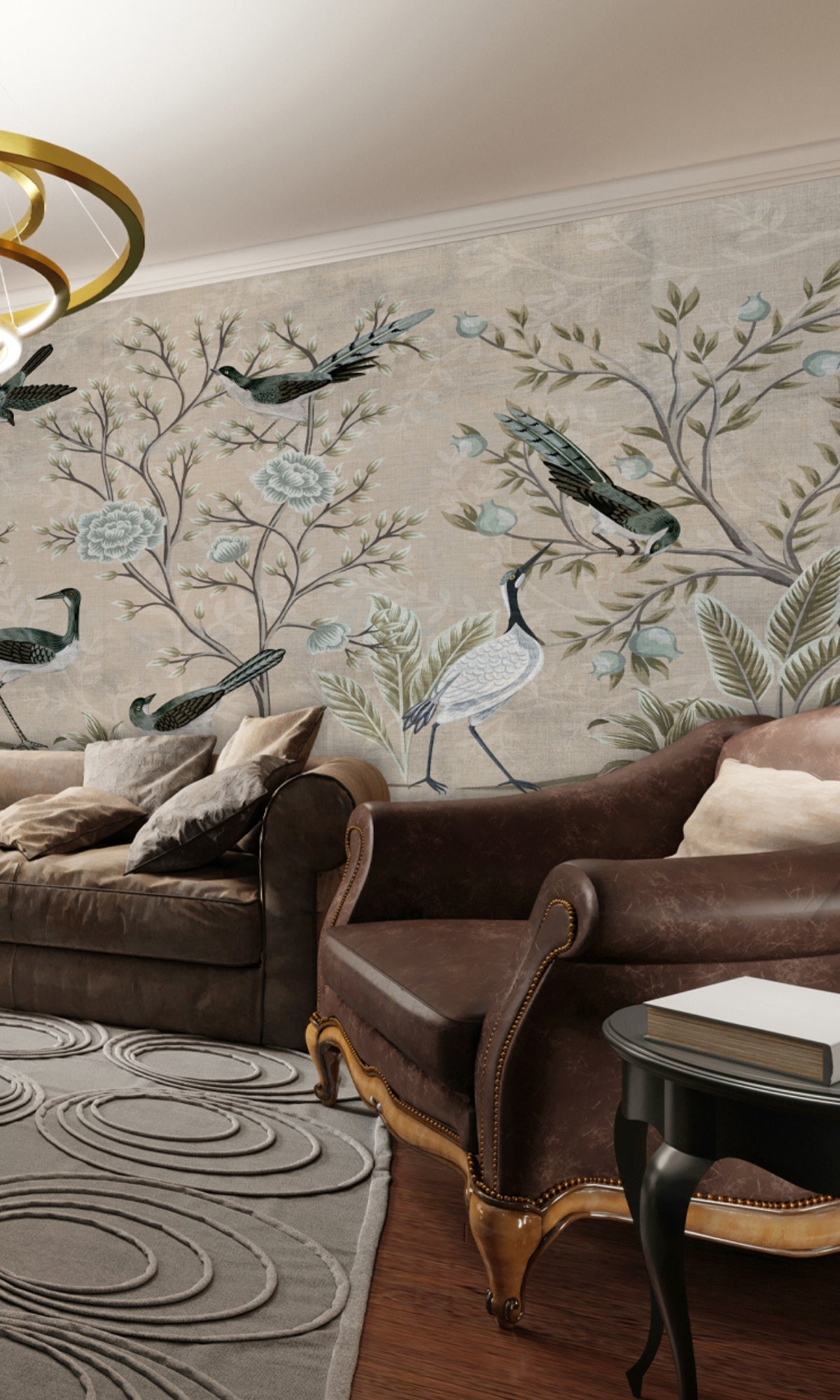 Stunning Neutral Black Garden Birds Mural Wallpaper M1443 for Interior Decoration