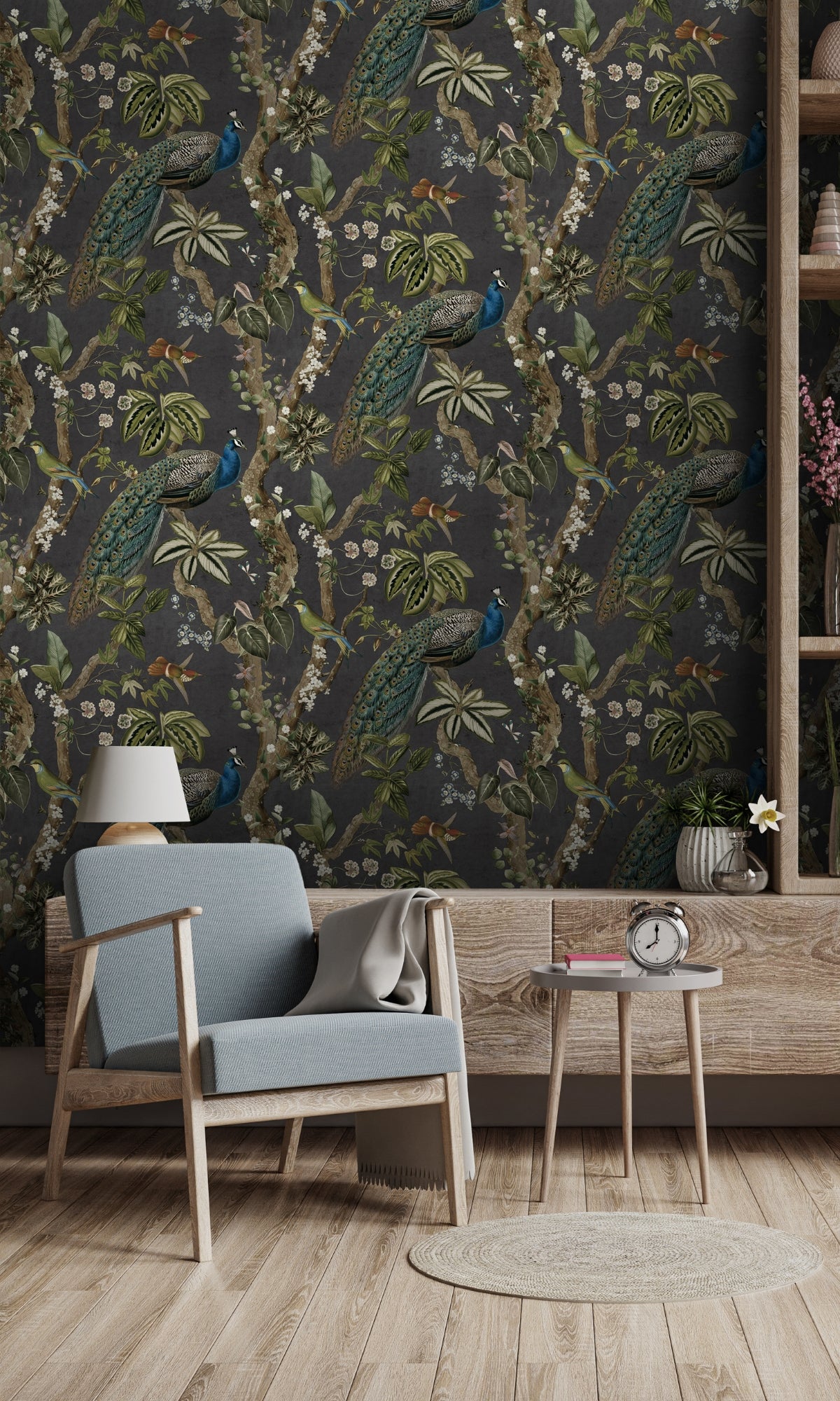 High - quality Charcoal - colored Tropical Wallcovering Featuring Climbing Peacocks and Climbing Florals R8988